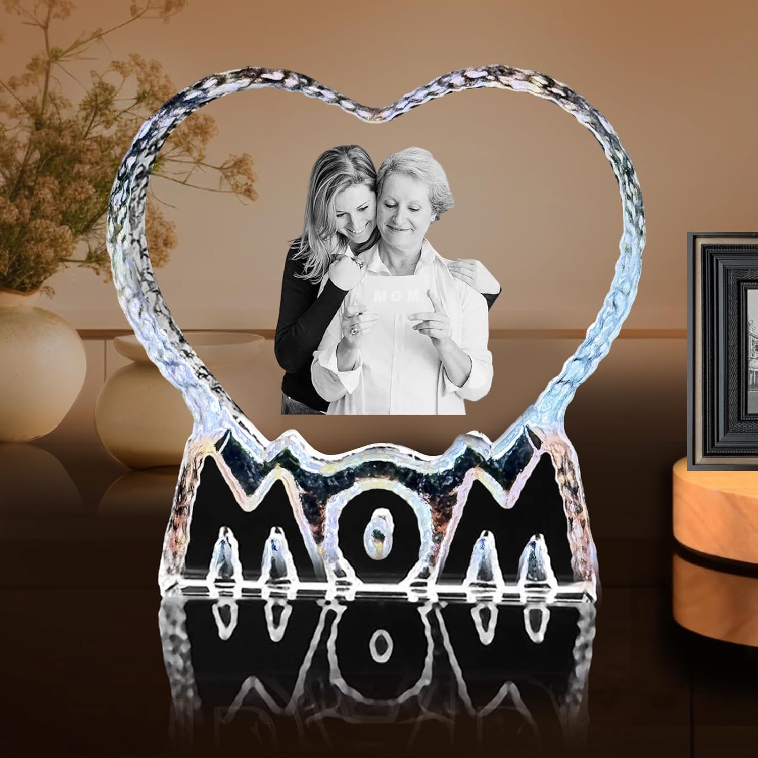 Personalized Crystal Photo Gifts for Mom - Custom Heart-Shaped Crystal Picture Frame for Mother's Day Birthday Christmas Memorial Decoration Gift - Engraving