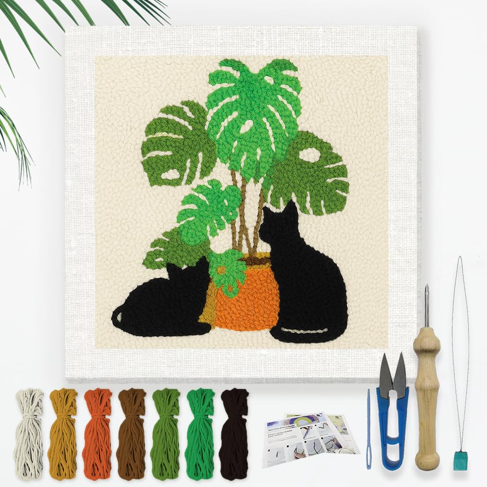 DOODLREAM Cat Monstera DIY Punch Needle Embroidery Kit for Beginner โ image 1