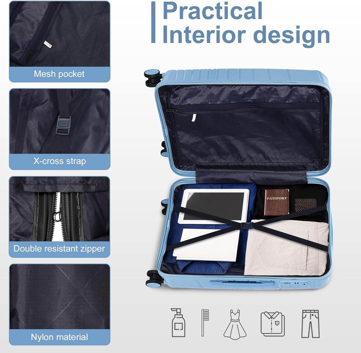 Karl home Luggage Sets 3 Piece, PP Hardshell Carry on Suitcase with Bags, Lightweight Suitcase Sets with Spinner Wheels TSA Lock Waterproof Rolling Luggage for Travel (3pcs, Sky Blue)