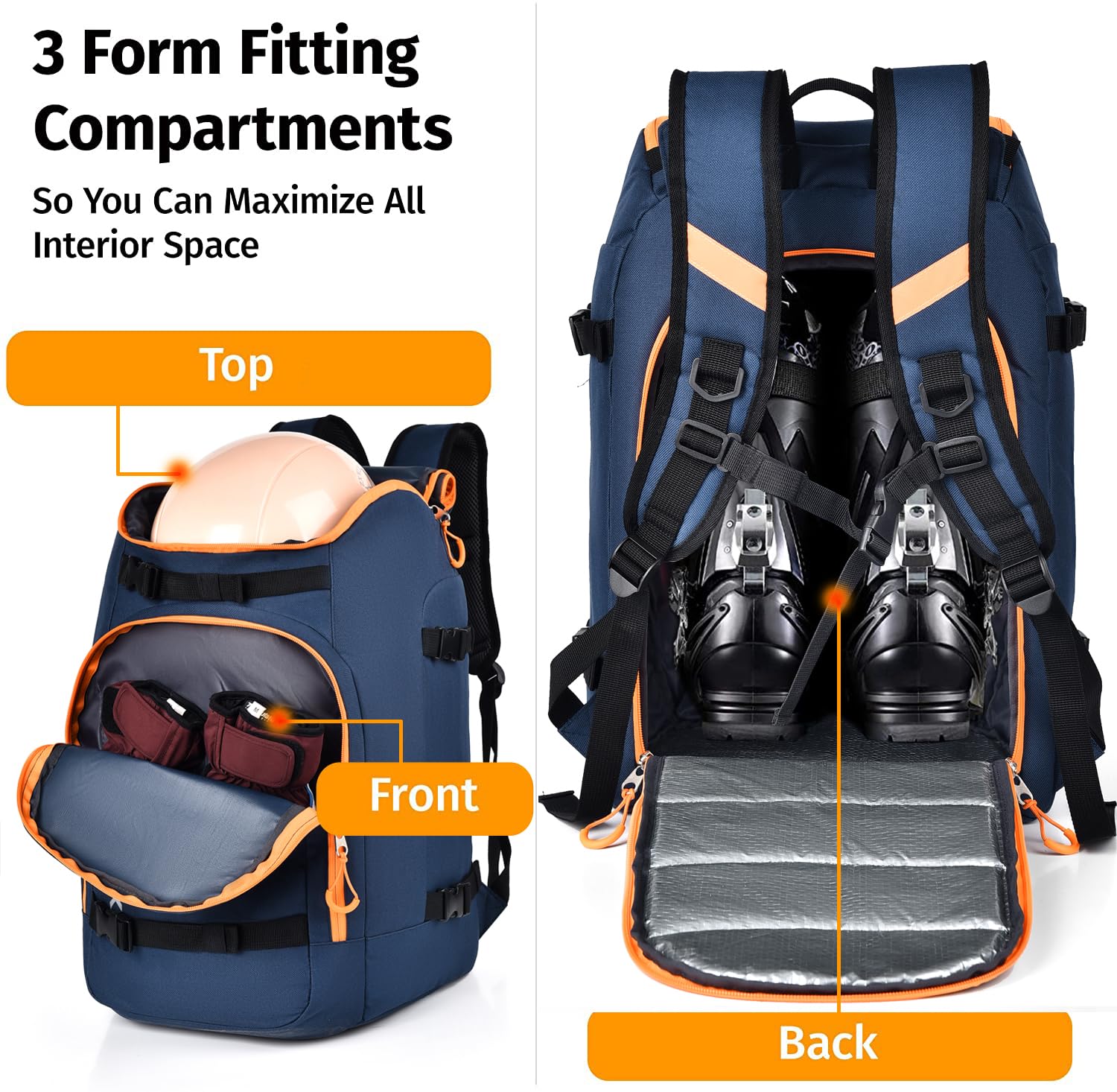 Skischuhtasche, 50L Skischuh Reiserucksack, wasserdichte Ski- und Snowboardstiefel, Skifahren und Snowboard Reisegepäck für Skihelm, Schutzbrille, Snowboard, Handschuhe & Zubehör (Dunkelblau)