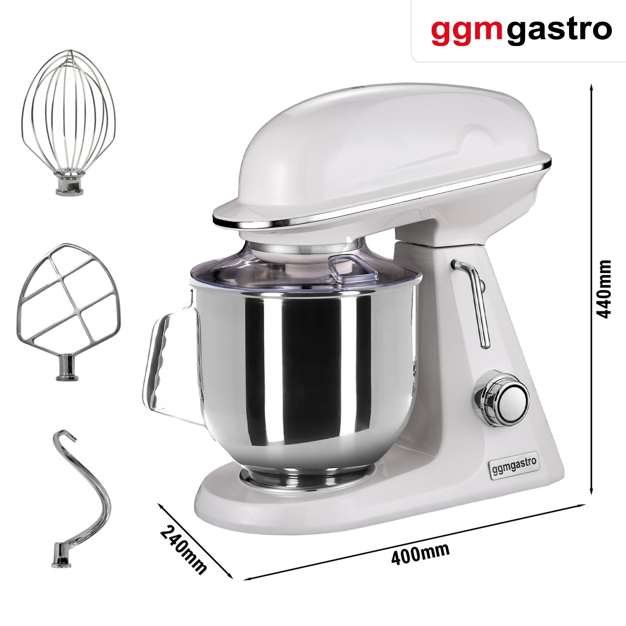 GGM Gastro | RMF7B-MW | Planetenrührmaschine - 7 Liter - 350 Watt - inkl. 3 Rühraufsätze & Spritzschutz - Milch-Weiß