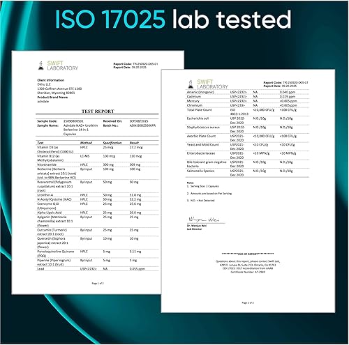 Miniatura 6 de Adndale Suplemento NAD. Fórmula de longevidad Urolitina-A Berberina con NAD liposomal, resveratrol trans, CoQ10. Alternativa de suplemento NMN. 90
