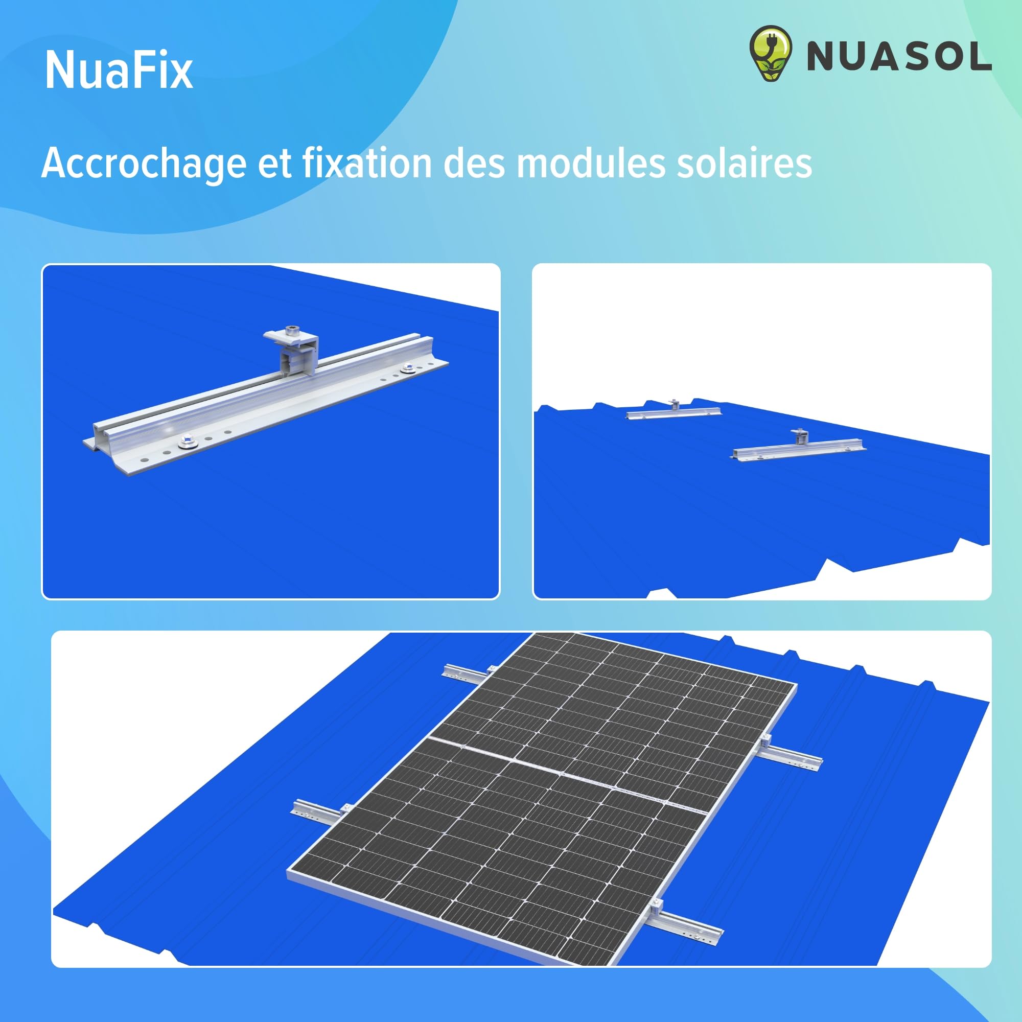 Kit de montage pour toit en tôle ondulée photovoltaïque | Fixation, support pour 1 module | Profil en T 40 cm | Support de panneau solaire avec pince terminale et vis pour modules solaires de