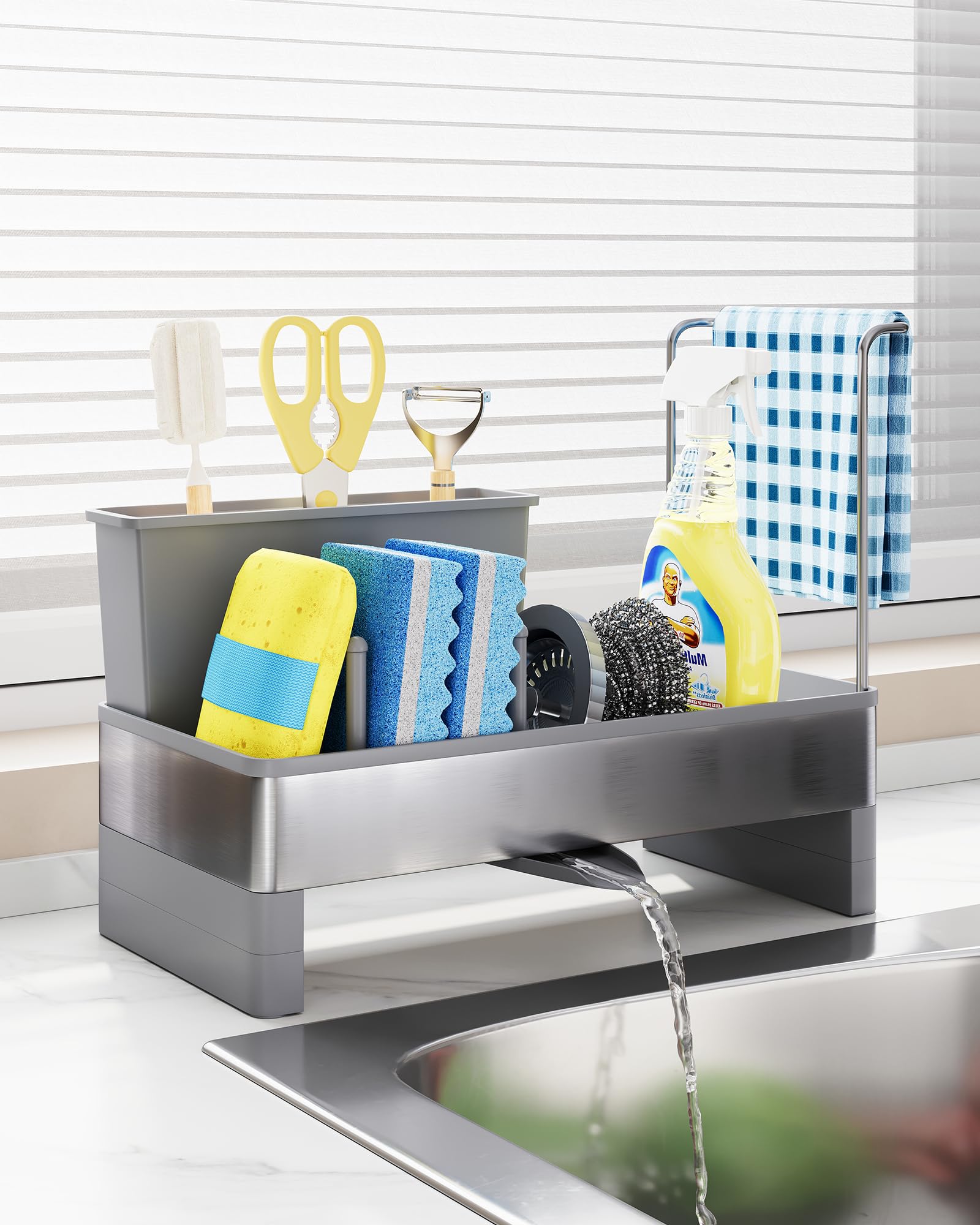 Eleancy Küchen Spülbecken Organizer – Schwammhalter mit automatischer Abflussfunktion – für Schwämme, Bürsten & Handtücher (Küche), Spülutensilien-Aufbewahrung & Küchenorganisation (Grau)