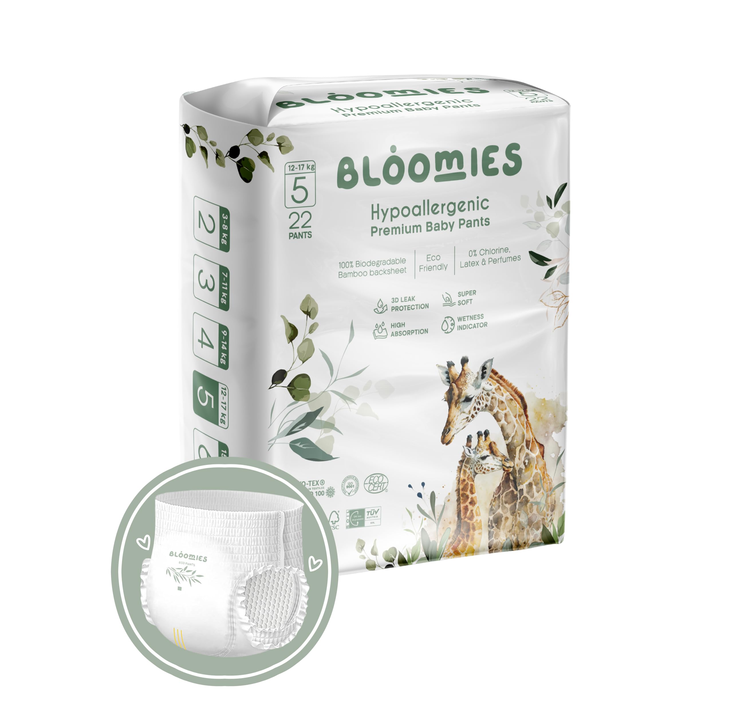 Bloomies Premium Baby Diaper Pants Size 5, 12-17kg, 22 Count, Wetness Indicator Eco-friendly and Hypoallergenic Ultra-soft Nappy Diapers Pant Skin Friendly, Leakage Protection, Natural Bamboo Made