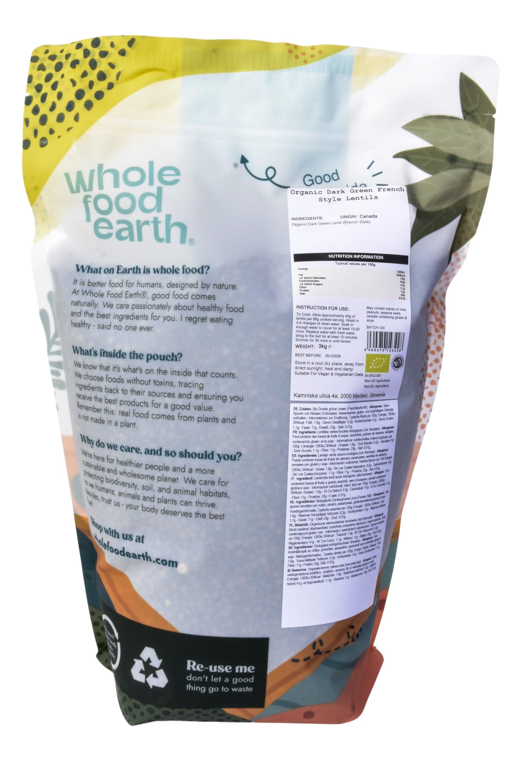 Wholefood Earth Lentilles du Puy Bio 3 kg, Sans OGM, Protéines Végétales, Riches Fibres