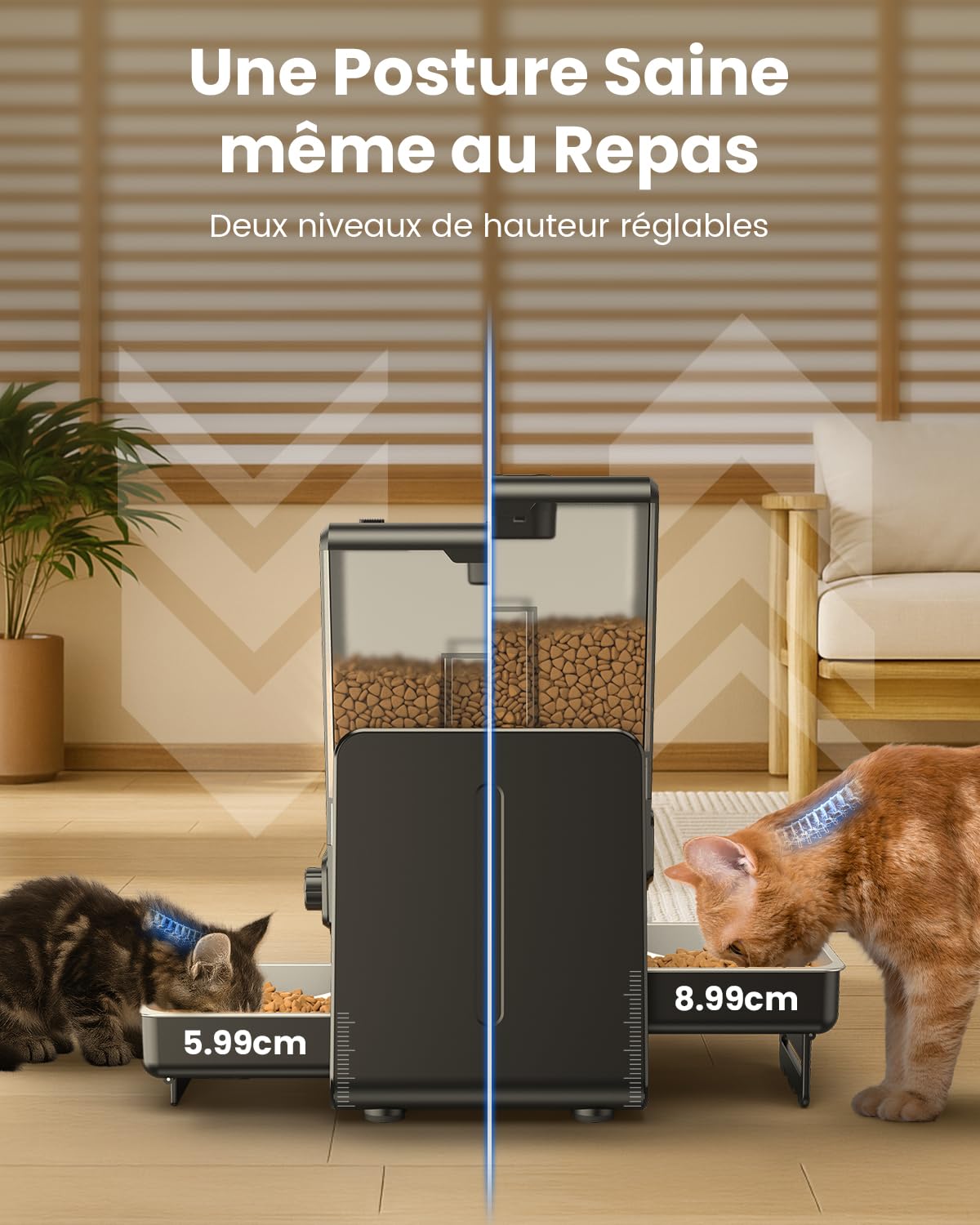 Distributeur automatique de nourriture pour chat pour 2 chats, 5L/20 tasses Distributeur automatique de nourriture pour chat avec bols réglables, panneau de commande amovible, programmation