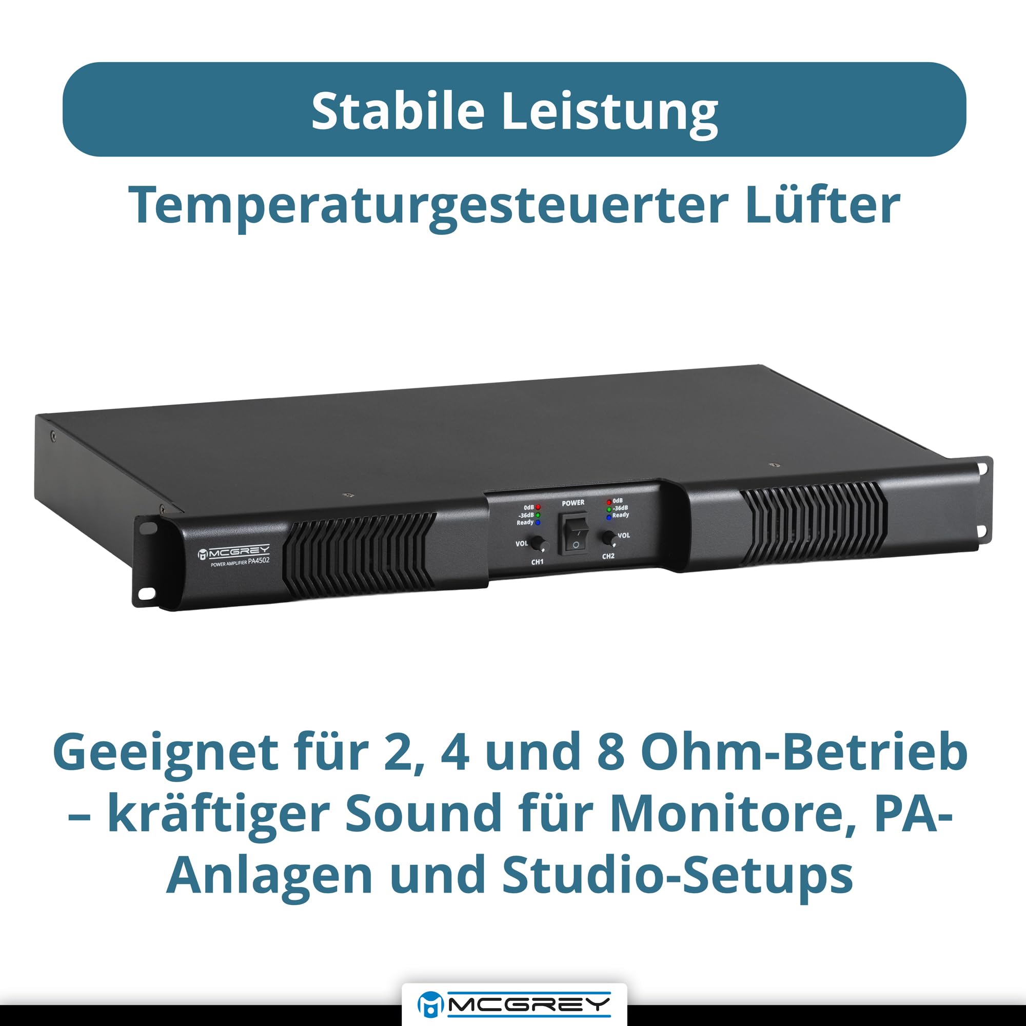 McGrey PA-4502 Amplificatore 1U 2x450W Class-D, 2 canali, XLR/Speakon, protezioni, compatibile rack 19", leggero 2,8 kg — per band, DJ, eventi e installazioni fisse