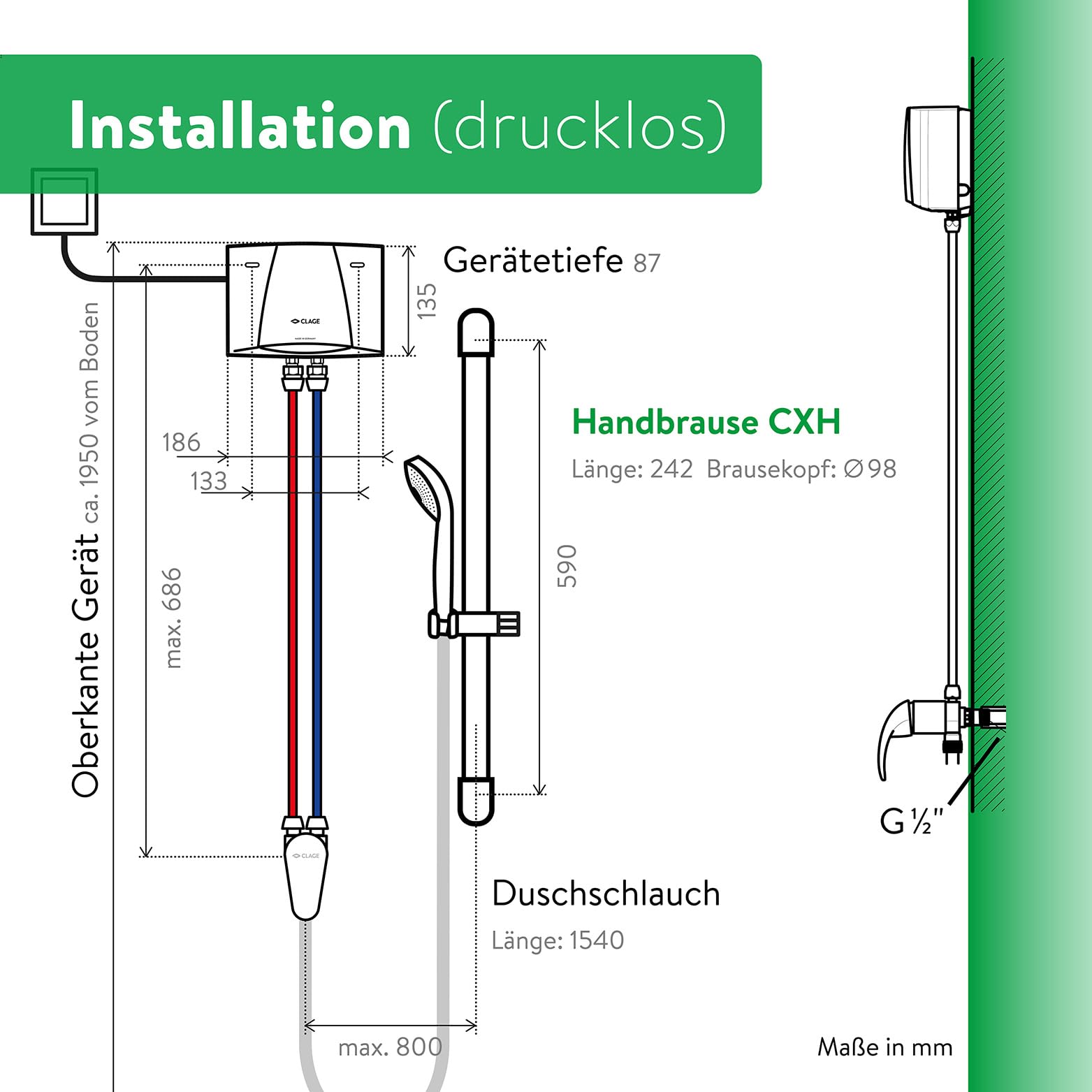 CLAGE MBX4 Shower Durchlauferhitzer Set mit Duscharmatur | Elektronisch geregelt, 3 Temperaturstufen 35/38/45 °C, für Gartenhaus, Pool, Außenbereich, VDE-GS geprüft, 1500-15314