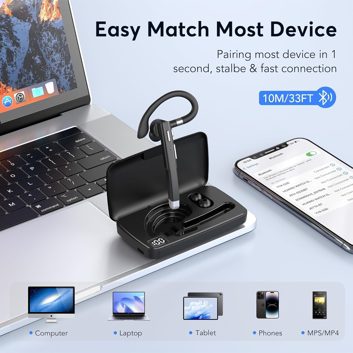 EUQQ Bluetooth Headset - Wireless Bluetooth Earpiece with Charging Case,120H Playback, Dualable Hands-Free Headphones with Built-in Mic for Work Trucker Office Meeting, Black - Image 11