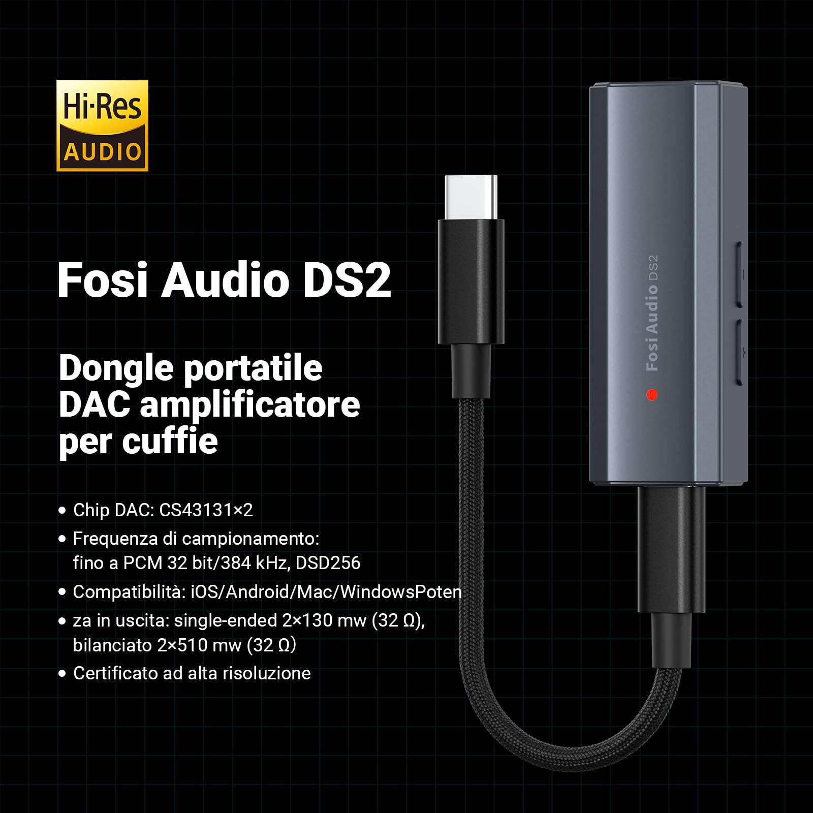 Fosi Audio DS2 DAC Amplificatore Cuffie USB C Hi-Res 32bit/384kHz DSD256 Uscite Doppie 4,4 + 3,5 MM Portatile 16-300Ω Doppio Chip CS43131