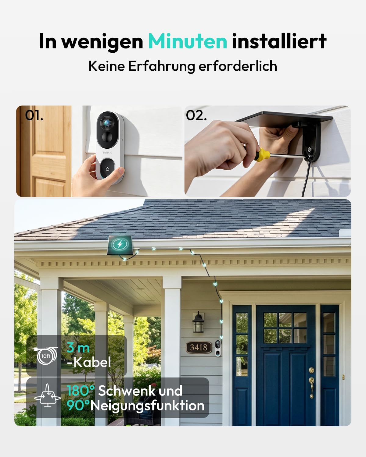 BOTSLAB 2K Solar Akku Video Türklingel mit Solarpanel, 100% Kabellose Klingel mit Kamera, Kopf-bis-Fuß-Ansicht, PIR-Bewegungserkennung, Ohne Monatsgebühr, Nachtsicht, 2-Wege-Audio, 2,4GHz WLAN