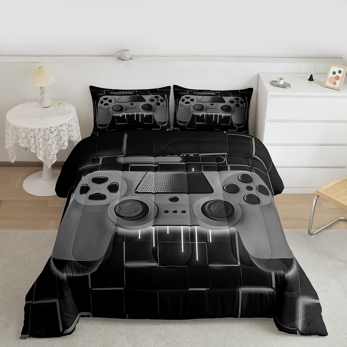 Erosebridal Grey Gaming Kids Queen Comforter Set - Gamer Comforter Boys Queen Size Bedding Set, Neon Lights Abstract Geometric Design Gamer Room Decor