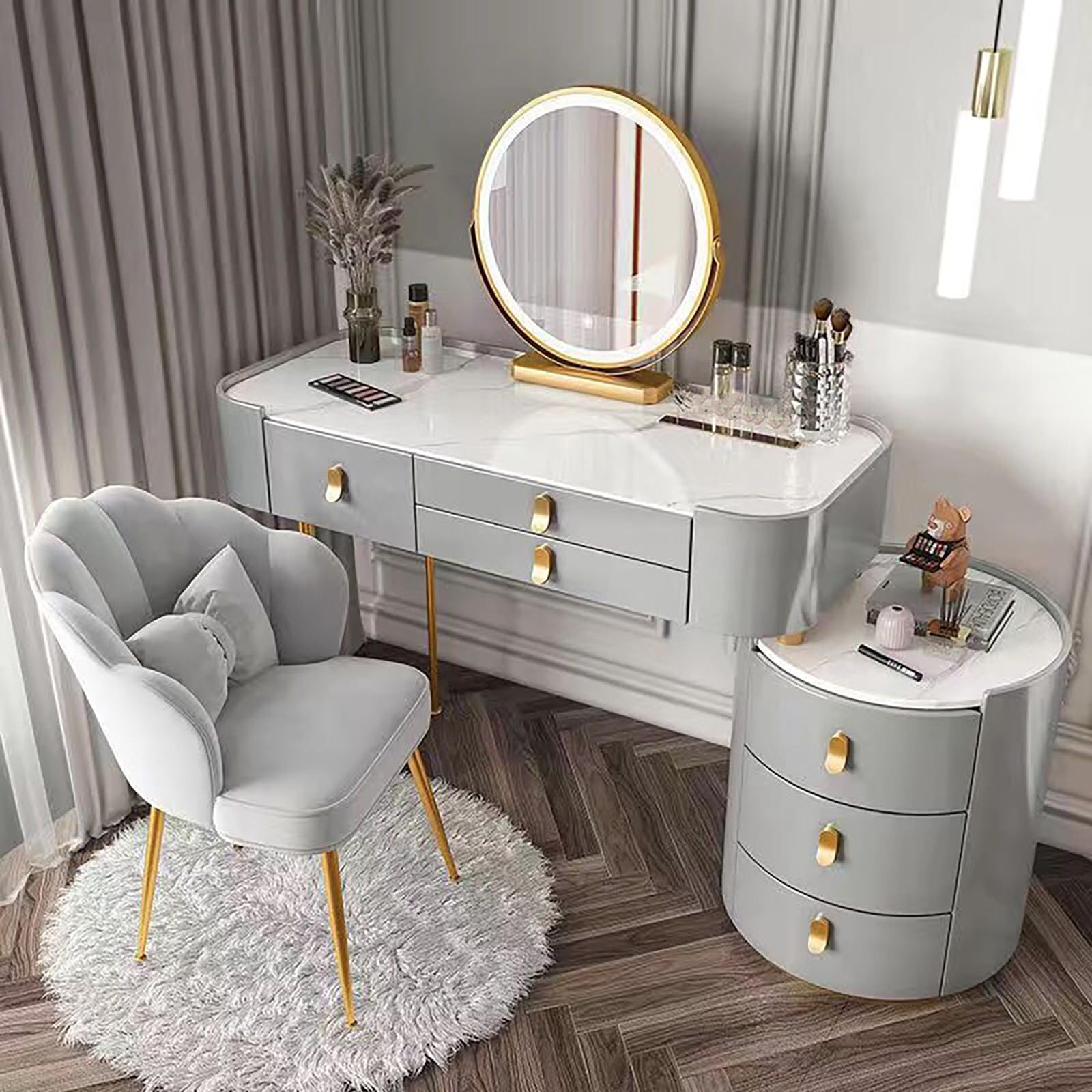 CGCSYZ Lighted Marble Top Vanity Desk with 2 Drawers and 3 Color Lighting Modes Makeup Vanity Table Set for Girls(Grey-100CM)