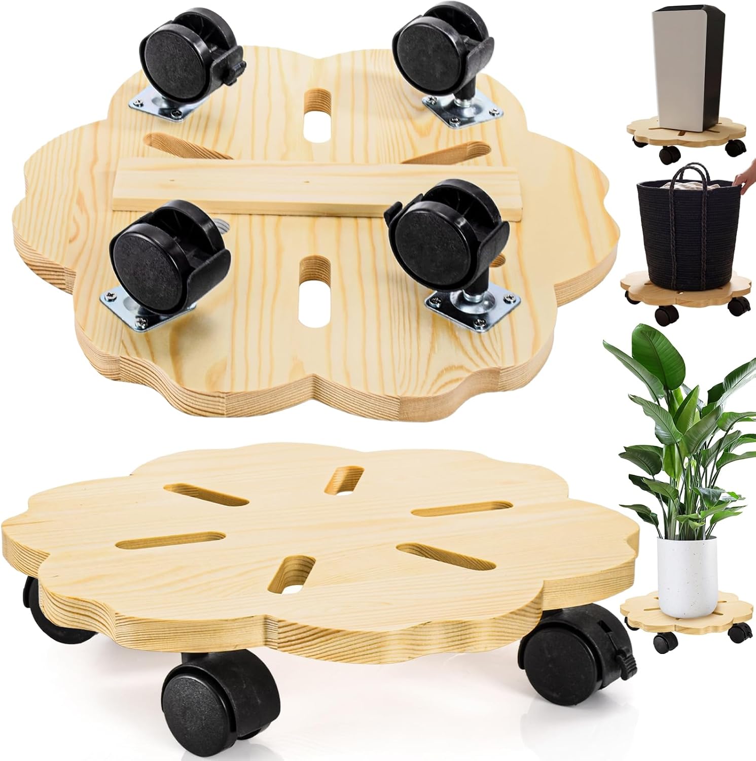 2 Pack 12" Plant Caddy with Wheels, Heavy Duty Wooden Rolling Plant Stands with Casters, 360° Lockable Planter Dolly Roller, 150 Lbs Flower Pot Base Mover for Indoor Outdoor Patio Garden