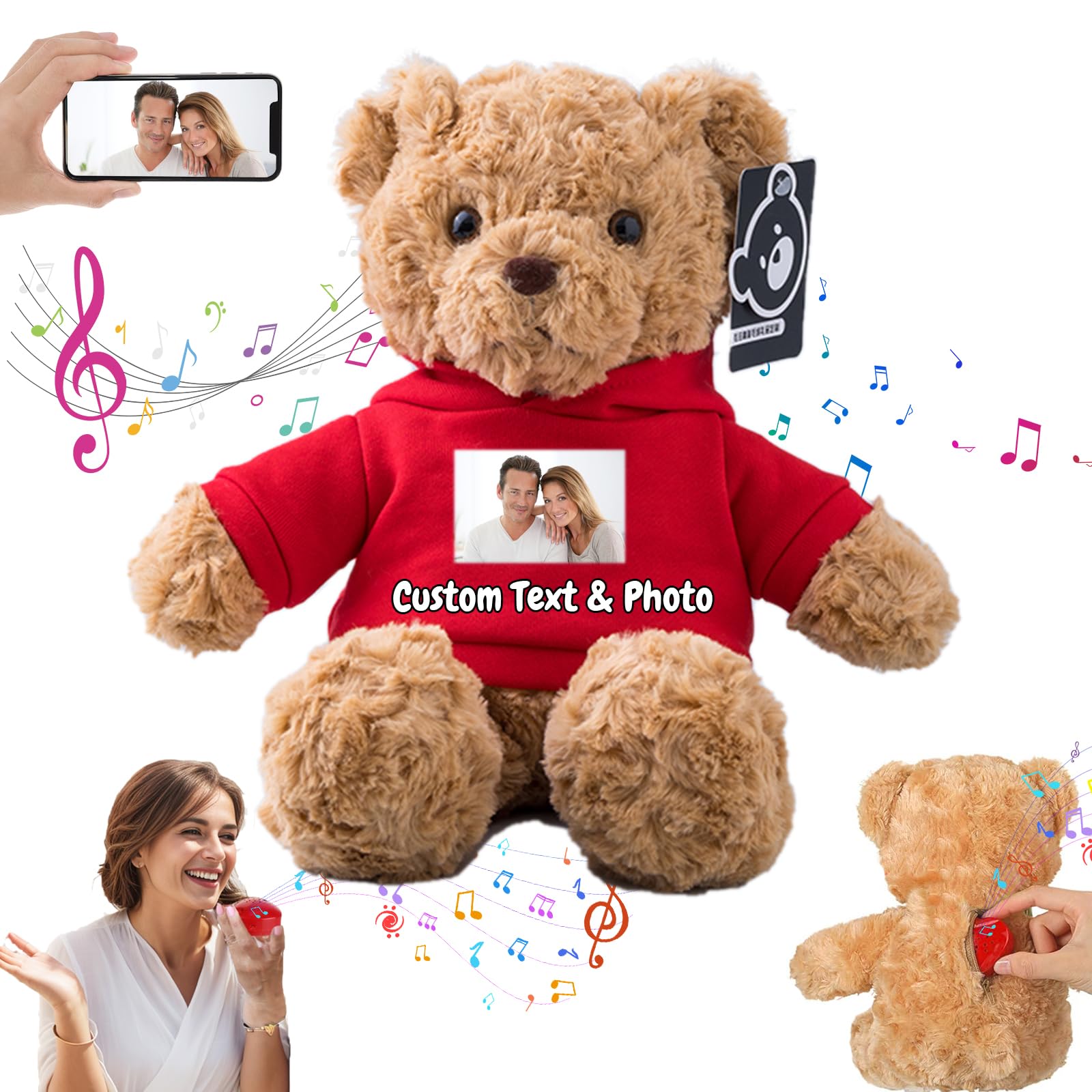 MeterBear Personalised Teddy Bear with Voice Recording for Kids Adults, Personalised Gifts Bear with Bow Plush Toys with Text+Photo as Customised Gift for Valentines Christmas (11 inch-Text+Photo)