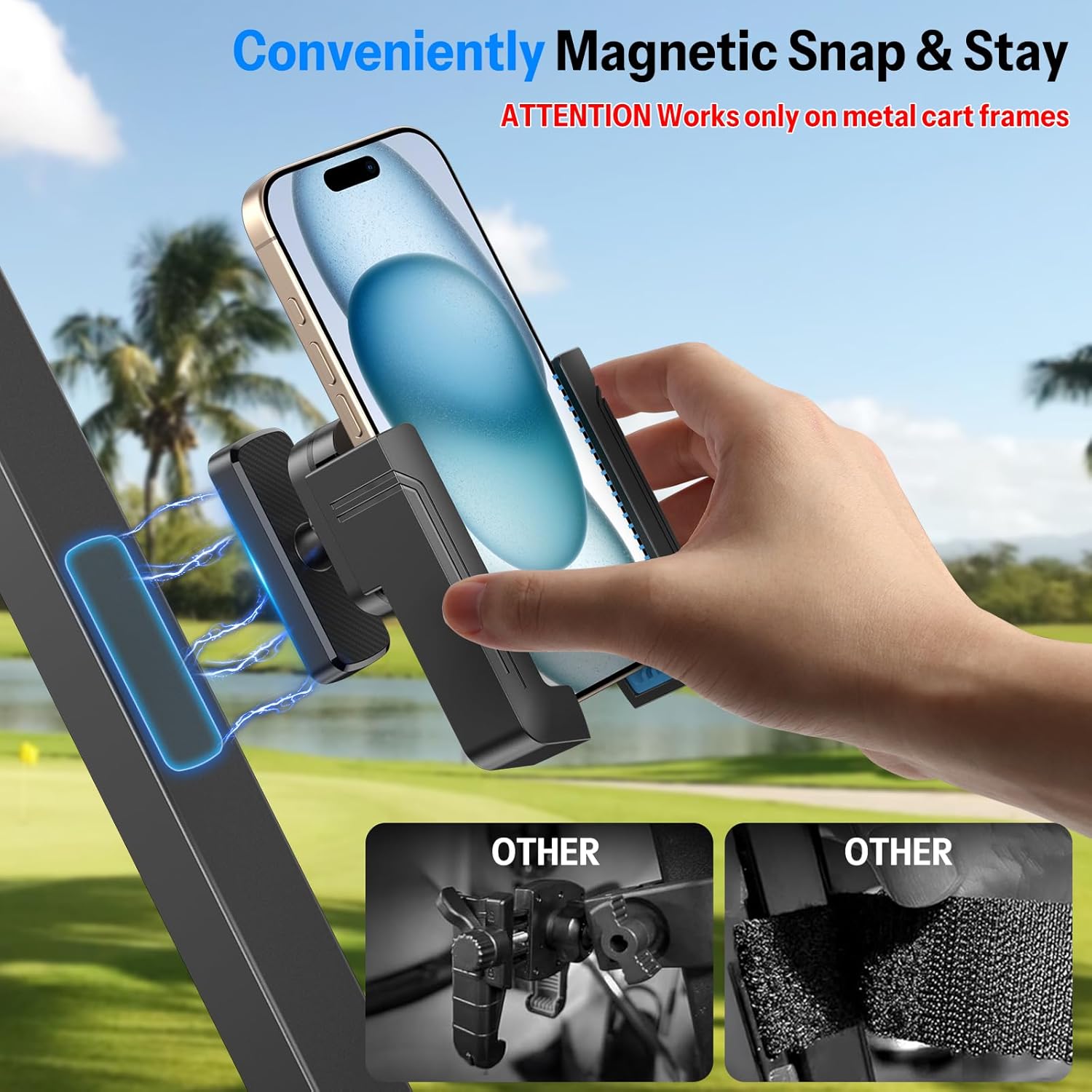 OMOTON Golf Cart Phone Holder, Magnetic Phone Mount with Safety Lock & 360° Adjustable, Phone Caddy Universal Fit for iPhone/Galaxy/Google Pixel, Golf Accessories for EZGO/Club Car/Yamaha - Image 2