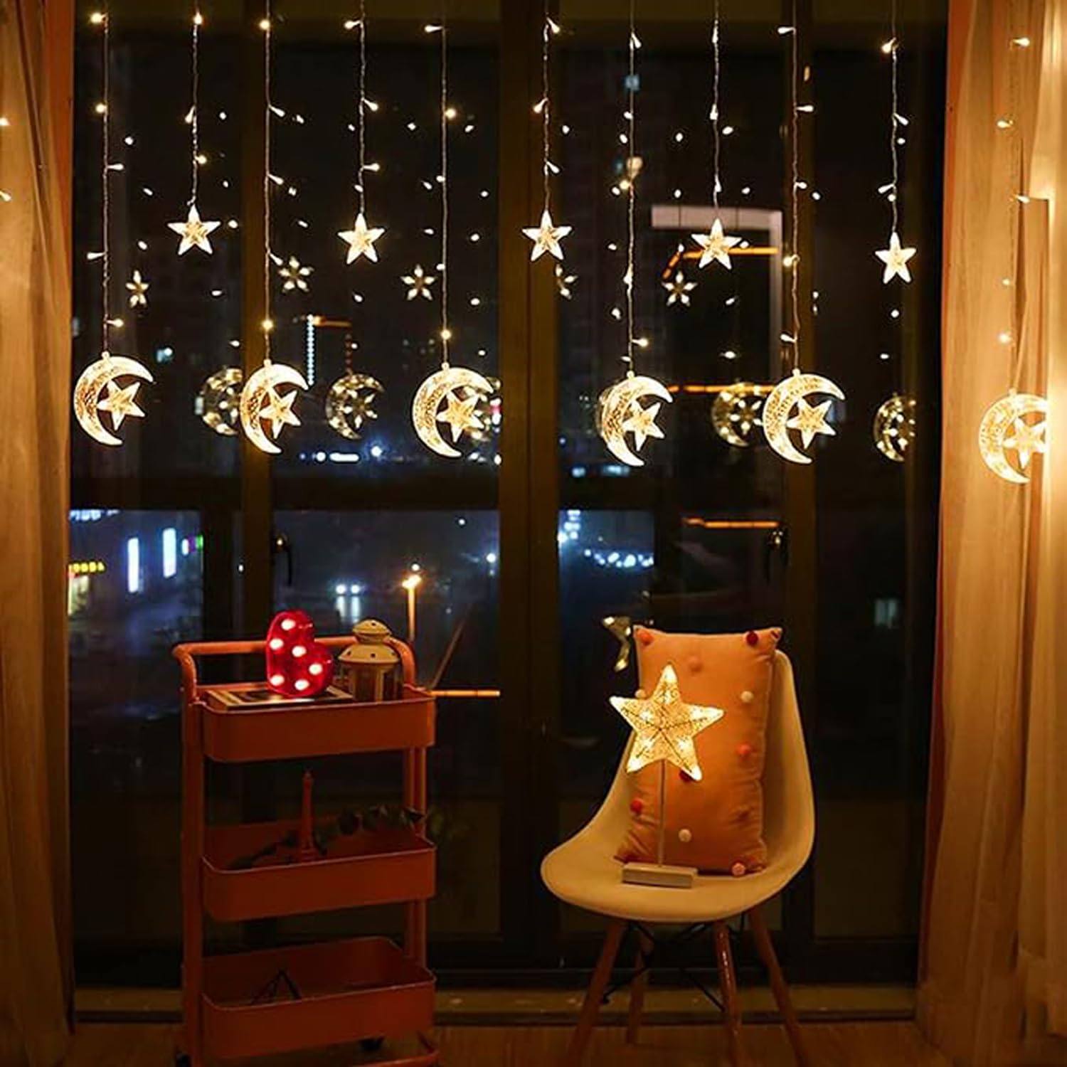 NyganmellozFairy Lights, Moon Star String Lights 138 LED, Window Curtain Indoor Twinkle Lights with Modes, Hanging Wall Lights, Garden Ramadan Wedding Bedroom Party Christmas Decorations (Warm White)