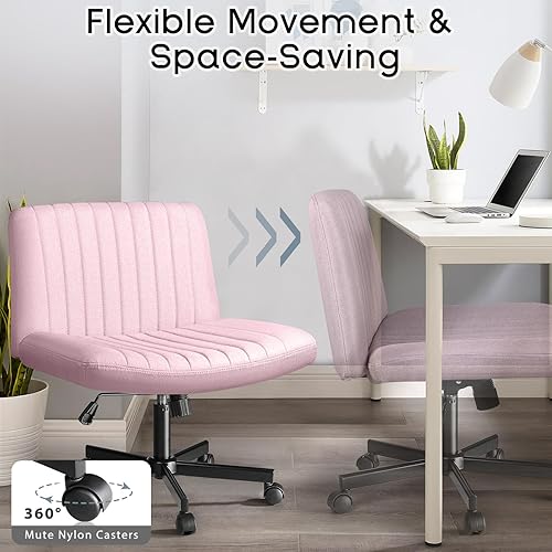 Miniatura 4 de PUKAMI Silla cruzada con ruedas, tela acolchada sin brazos cruzados, silla de escritorio de oficina para oficina en casa, moderna silla giratoria de