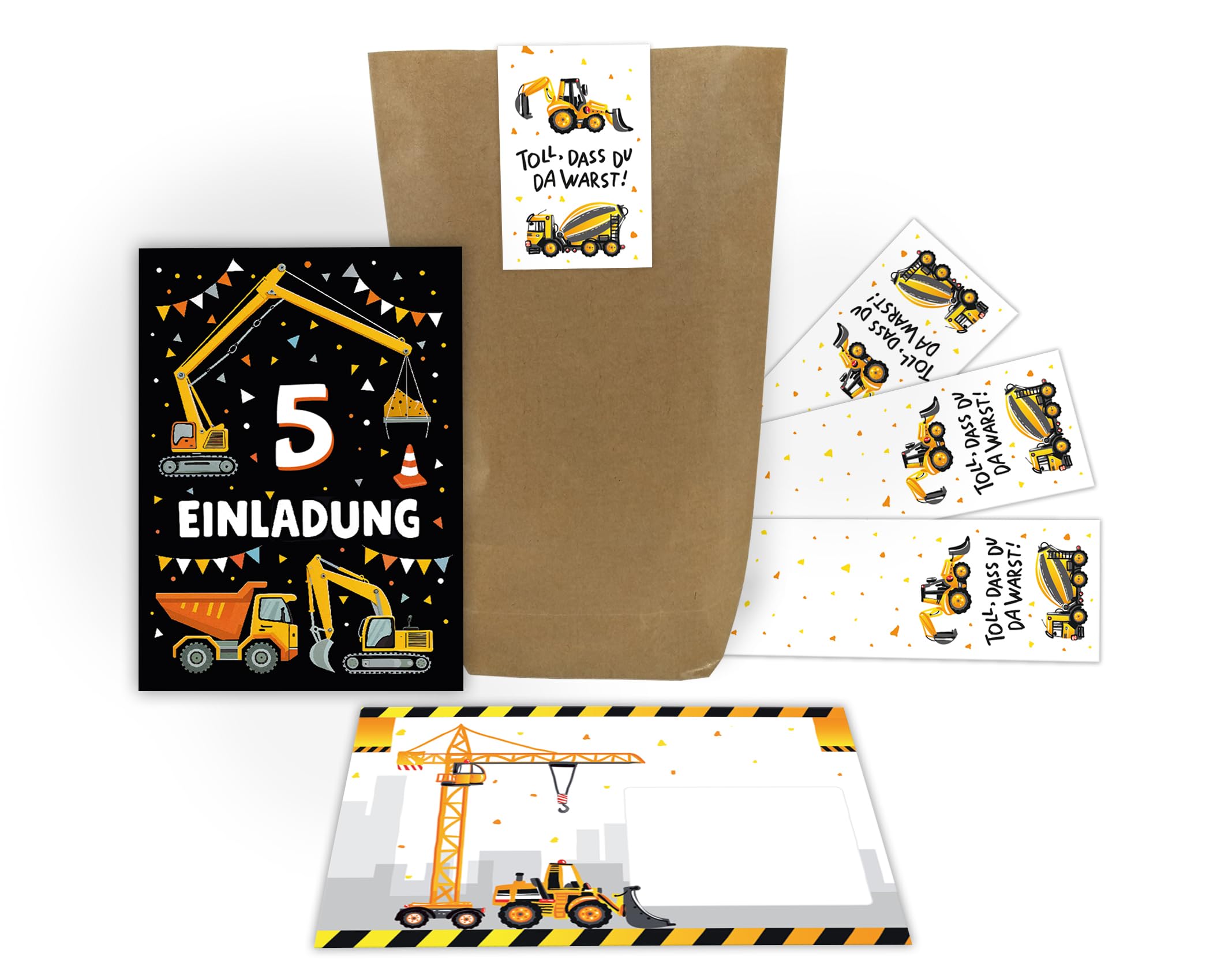 Junaversum 12 Einladungskarten zum 5. Kindergeburtstag Jungen Bagger Baustelle Kinder coole bunte Einladungen fünfte Geburtstag Geburtstagseinladungen Kids inkl. 12 Umschläge, 12 Tüten, 12 Aufkleber