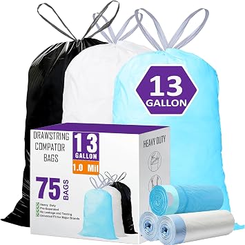 13 Gallon Tall Drawstring Trash Bags 75 Count 1.0 Mil Thick Heavy Duty Garbage Bags Fit All 7, 9, 10, 13 Gallon Can for Home Office Kitchen Unscented