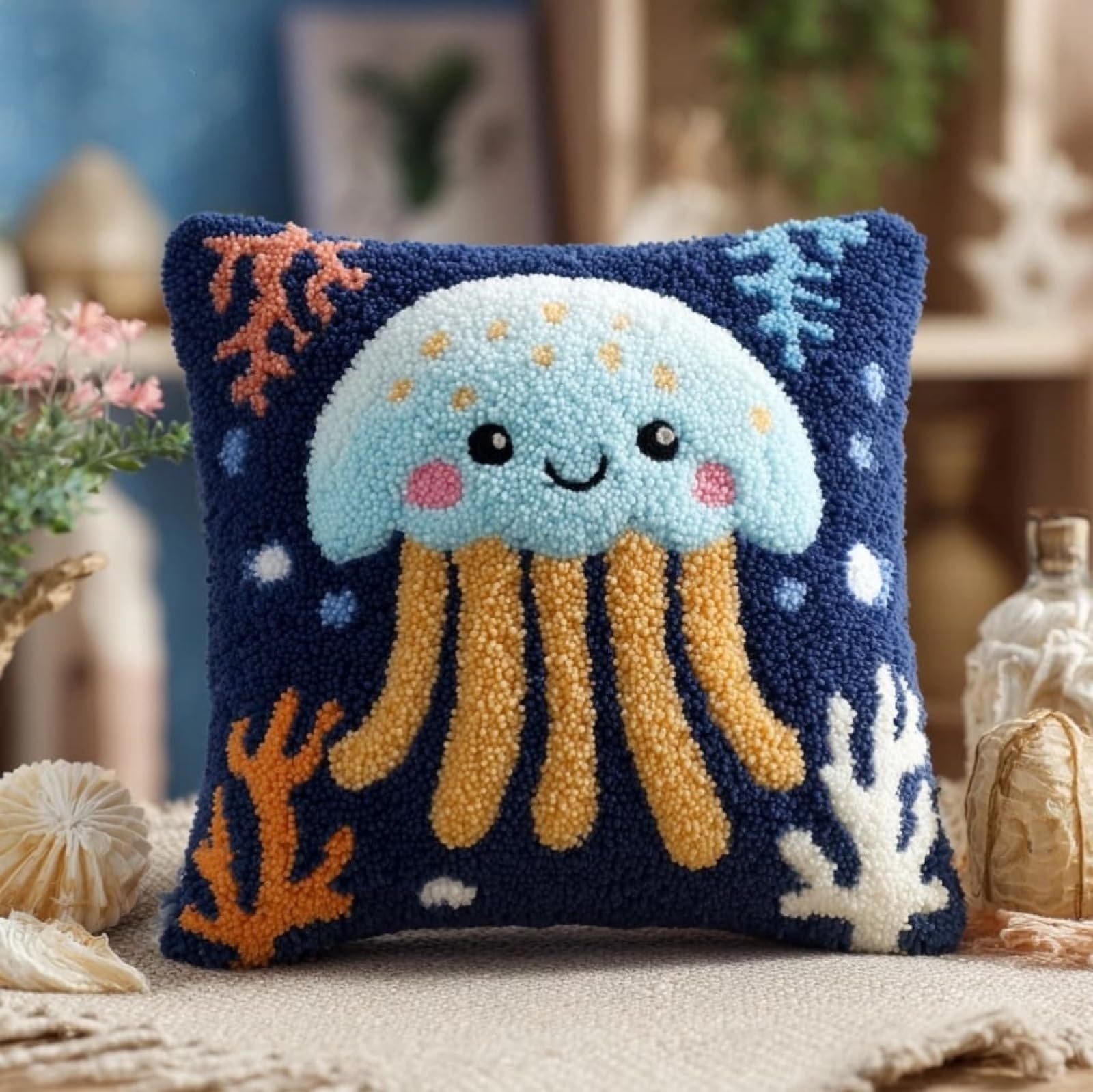 Wallustrioaw Cartoon Jellyfish Latch Hook Cushion Kit 43X43cm,