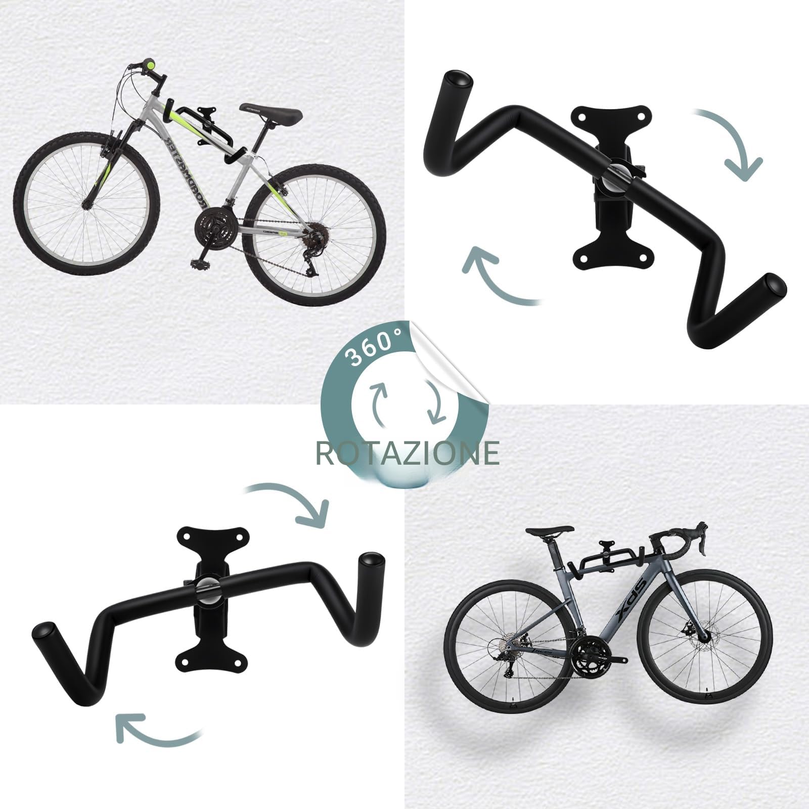 Porta Bici da Muro 30 kg 360° Girevole Estraibile Pieghevole 90° Protezione Schiuma EVA 8 mm