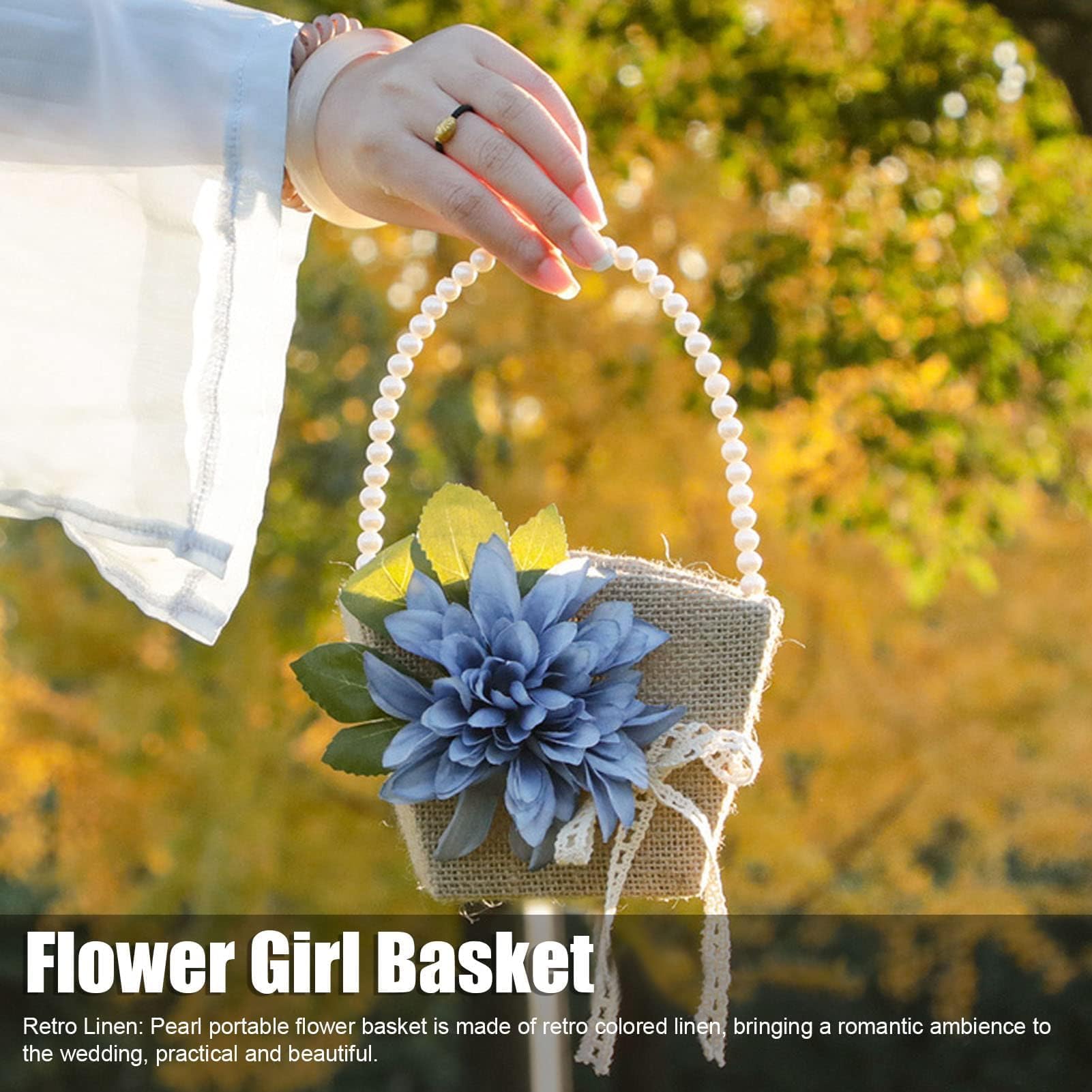 Rustic Flower Girl Basket, Burlap Jute Linen Wedding Basket with Ivory Pearl Handle Vintage Wedding Flower Girl Baskets for Wedding(01)