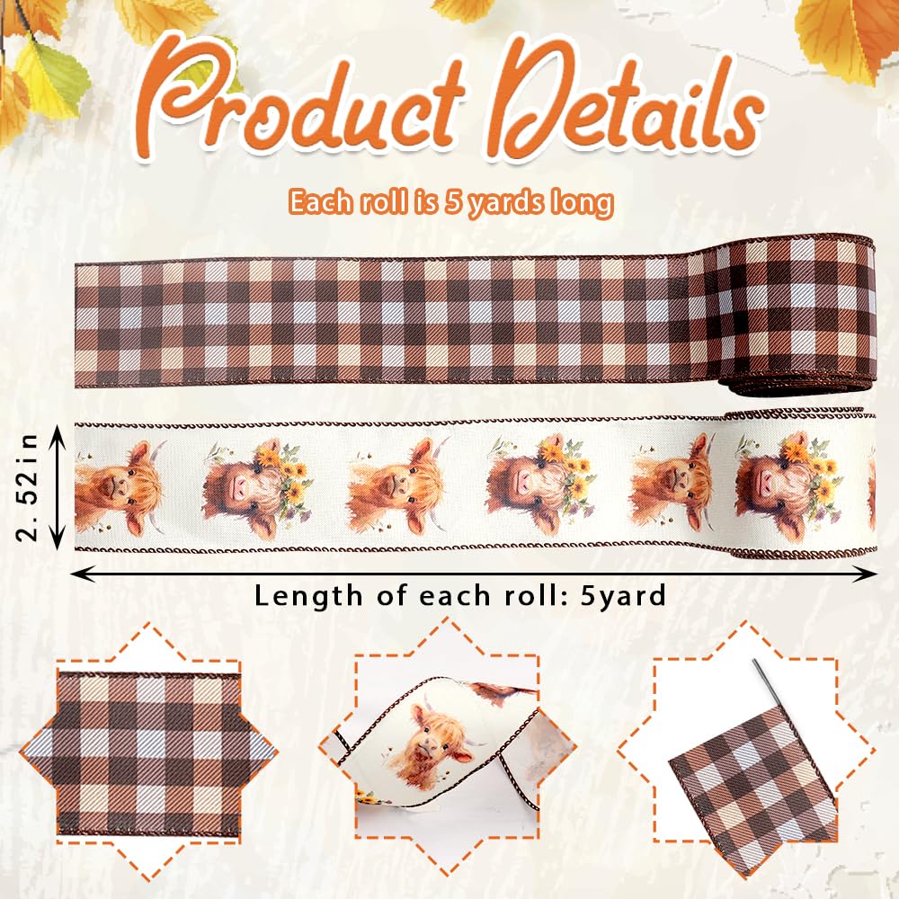 Estivaux 2 Rolls Alpine Cattle Ribbons for Crafting, Spring Wired Edge Ribbon Natural Buffalo Plaid Ribbon Bow Autumn Calf Farmhouse Ribbon for Gift Wrapping Birthday Wedding Decorations Supplies