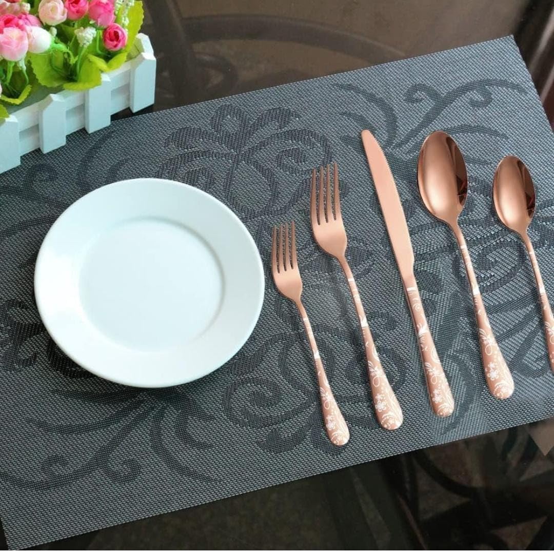 Shipnetic Classy Rose Gold Silverware Dessert Spoons with Floral Printed Handle | 5-Piece Premium Stainless Steel Flatware Set | Dishwasher Safe Cutlery Set for Home, Restaurant & Gifting 2