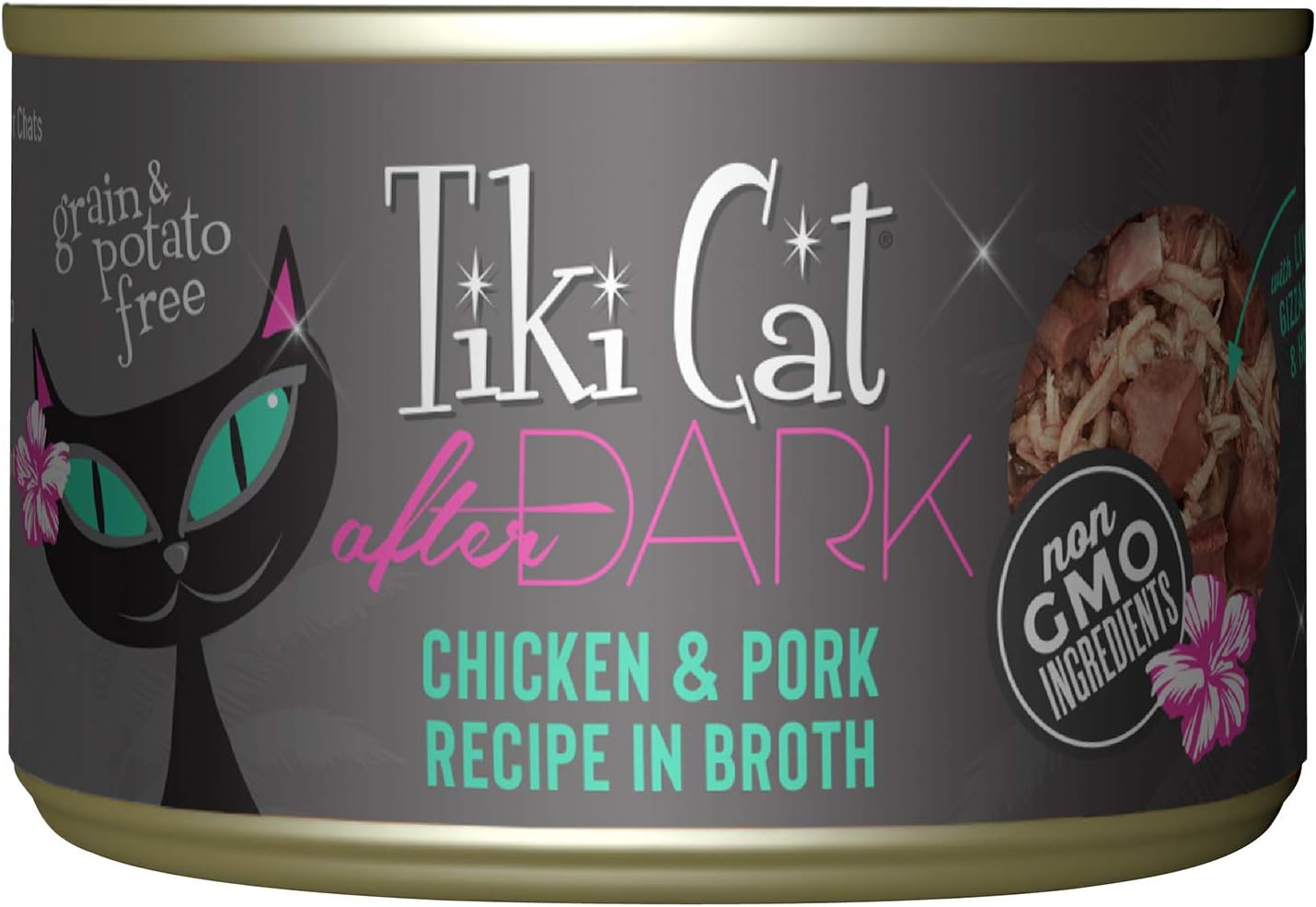 TIKI PETS Cat After Dark Grain-Free, Low-Carbohydrate Wet Food with Real Shredded Meat for Cats & Kittens, 5.5oz, 8pk, Chicken & Pork