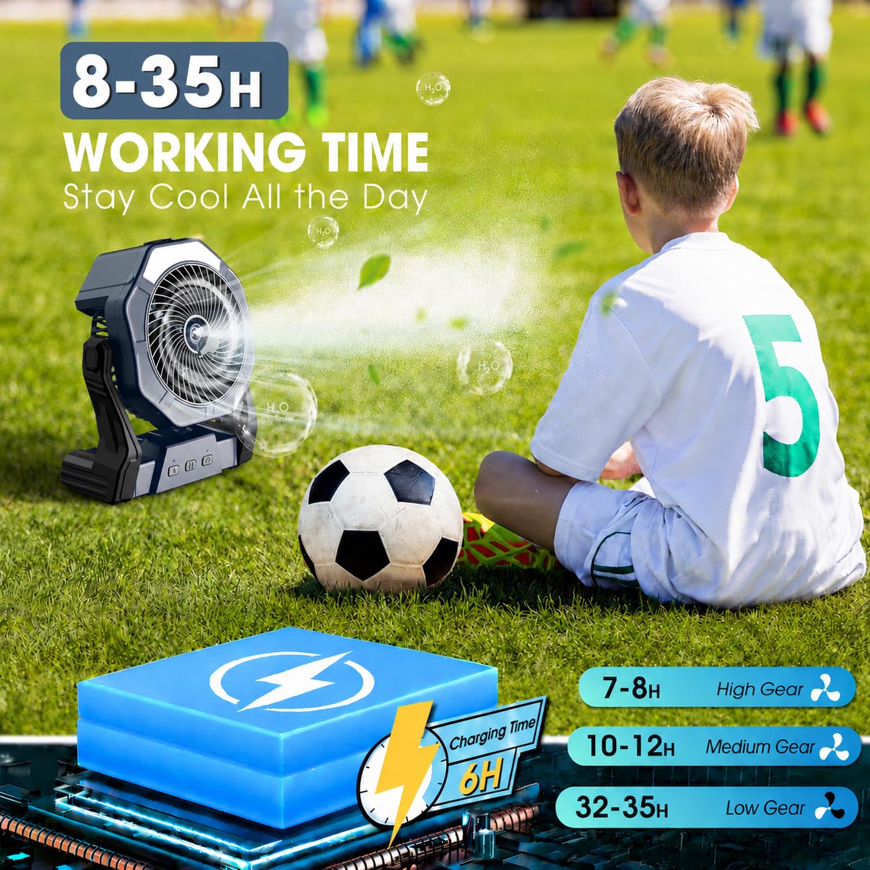 Ausic Electric Personal Fans | Ventilador de camping a pilas con spray de agua para líneas laterales deportivas, patio, playa, tienda de campaña, viajes