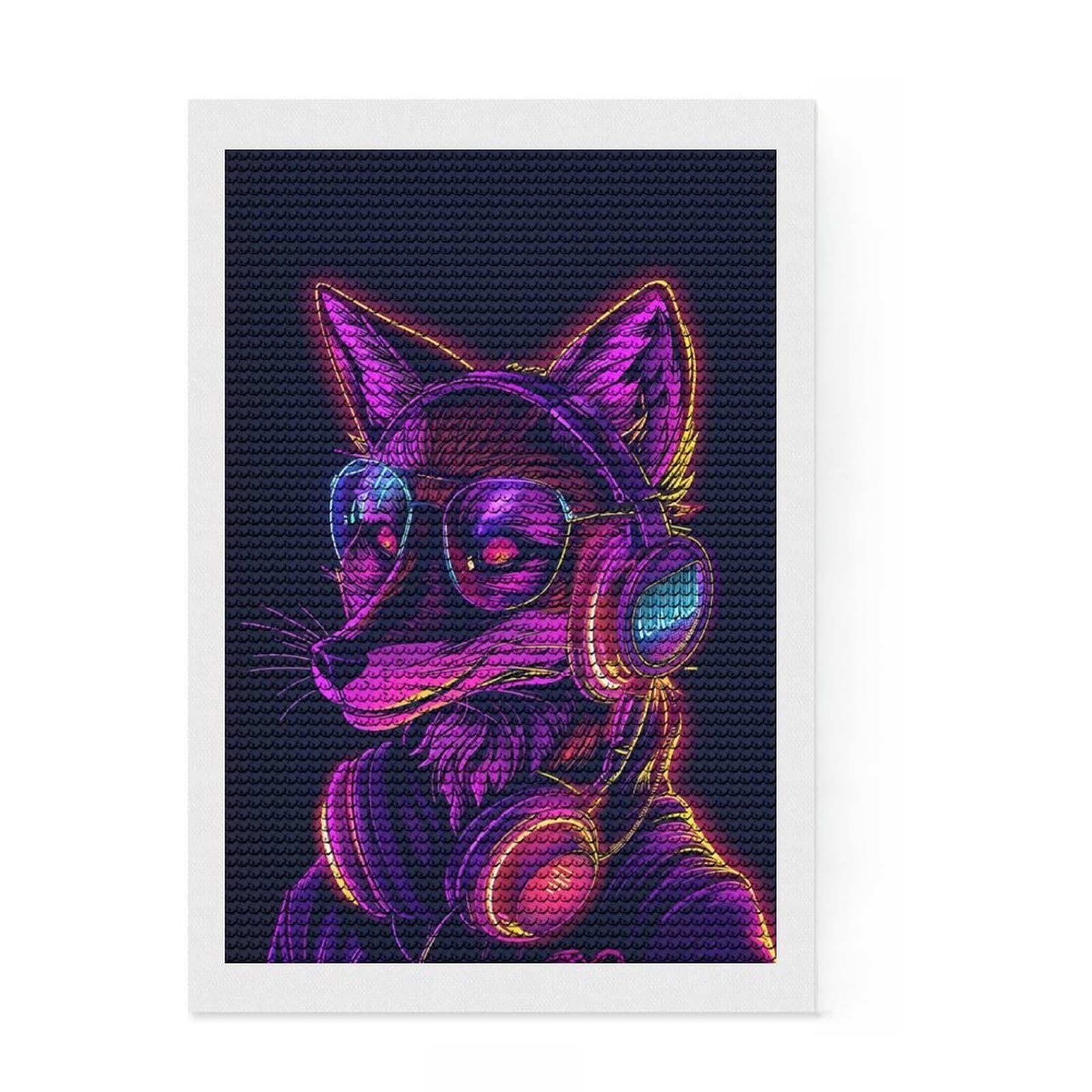 Junmoney Fox Headphones Neon Round Drill Diamond Painting 8"x12", for Creative Relaxation, Full Kit Included, Boho Decor, Gift Idea