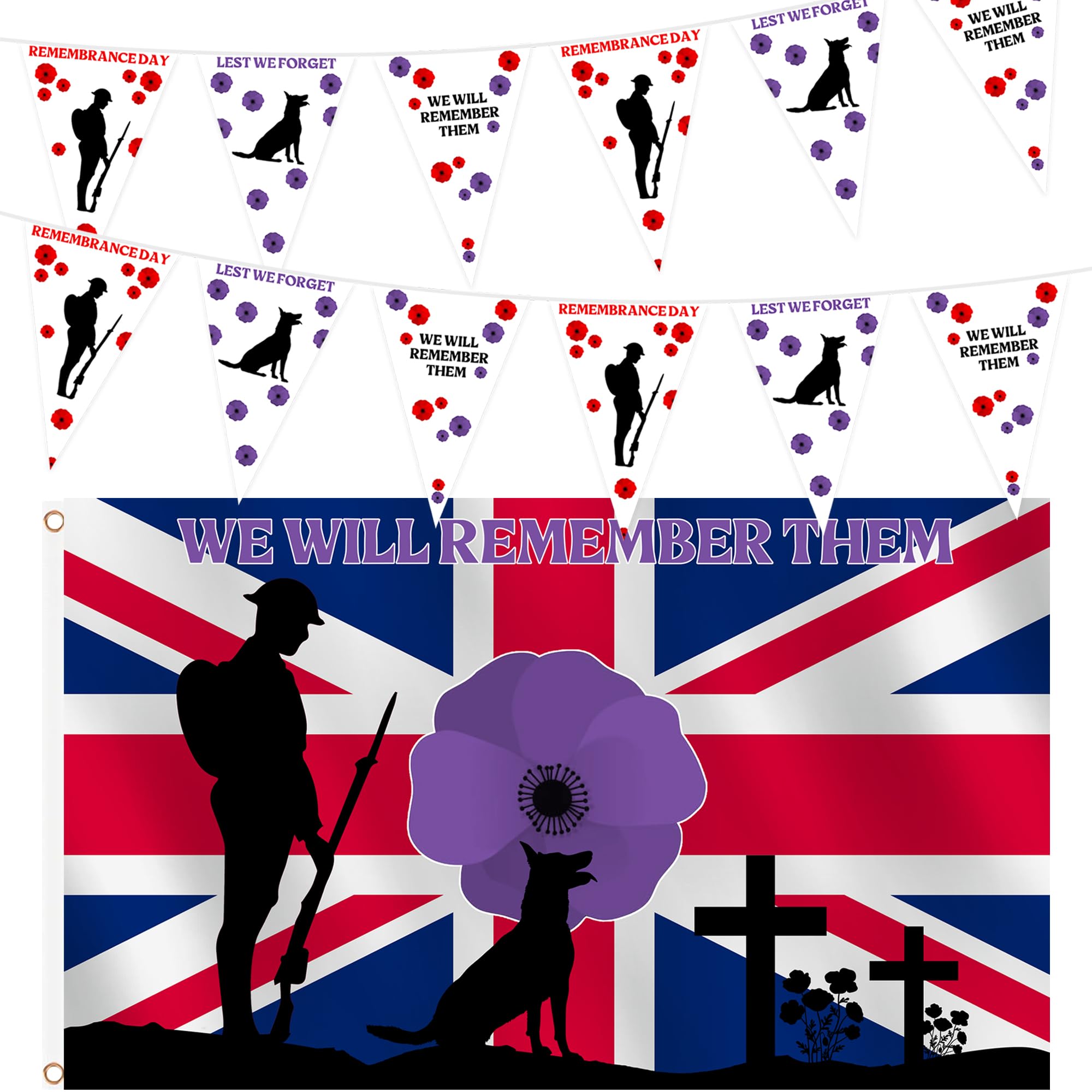 Lest We Forget Flag + Remembrance Day Bunting, We Will Remember Them Flag 5ft X 3ft Silhouettes of War Animals Soldiers, Red Purple Poppy Bunting Remembrance Day Decorations for Home Garden Outdoor