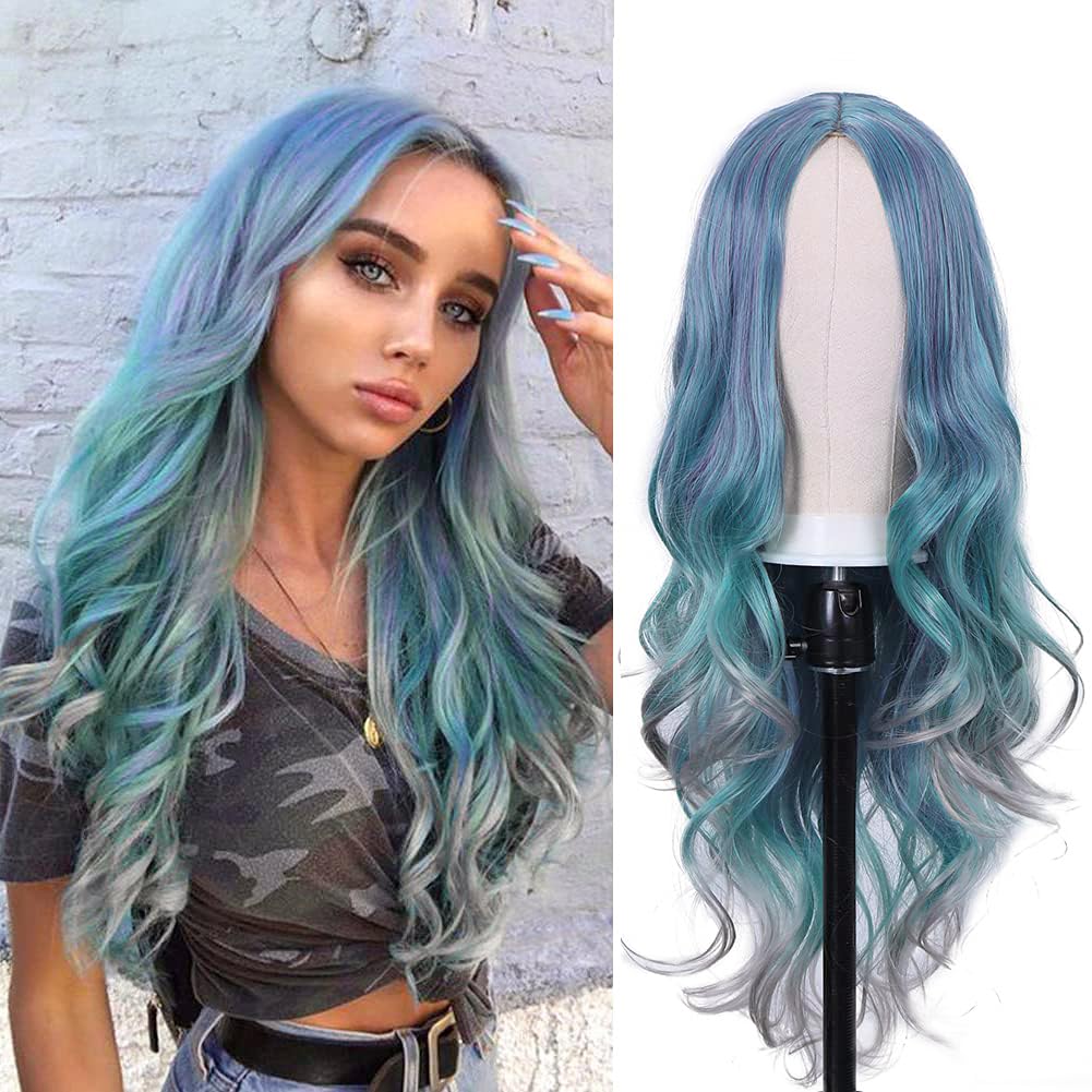 Lady Miranda 28 Inch Light Blue Wig Heat Resistant Wavy Pastel Blue Wig Middle Part Synthetic Wig Cosplay Blue Mixed Gray Halloween Wigs for Women (
