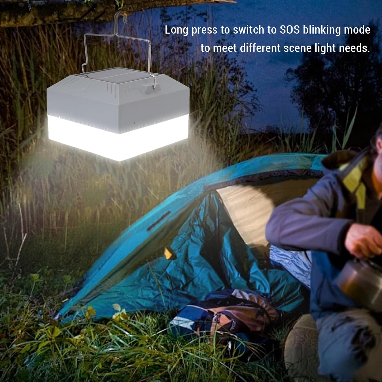 CHICIRIS LED Camping Lantern, 6500K White Light with Adjustable Brightness and SOS Mode, 4800mAh Rechargeable Battery, Portable Solar and USB Powered, for Outdoor Camping Tent Hanging Light