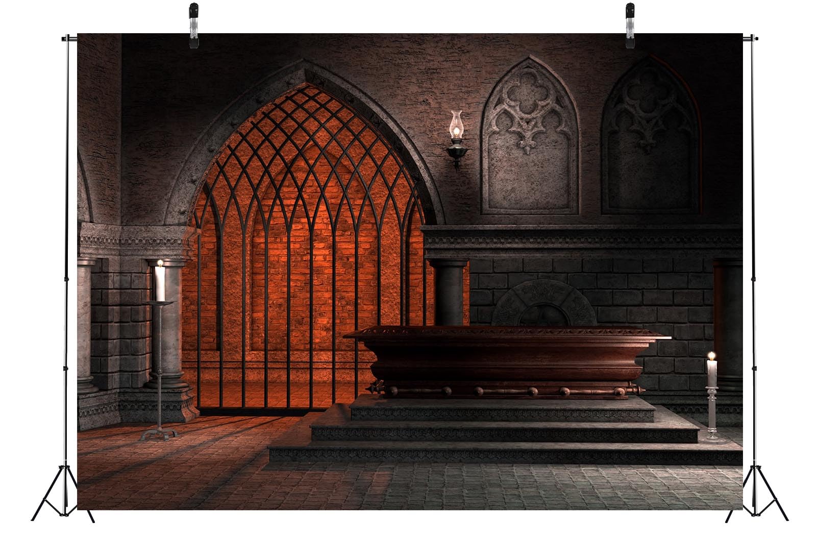 CORFOTO Fantasy Chapel Backdrop Fabric 17x10ft Dark Gothic Window Railings Torch Ancient Castle Coffin and Candles Background for Medieval Themed Birthday Party Decorations Halloween Photoshoot Props