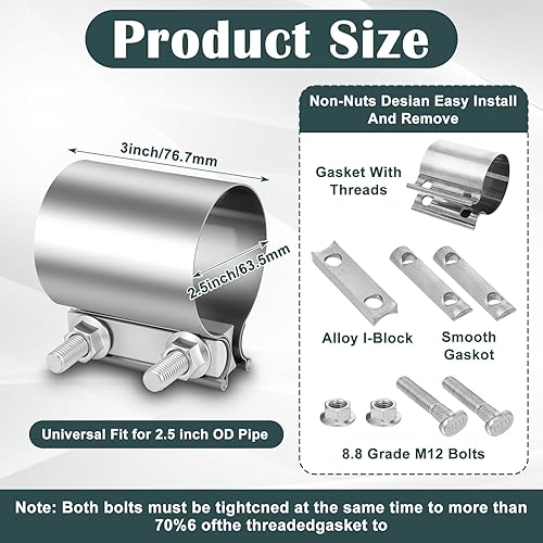 Miniatura 2 de 4 abrazaderas de escape de 2.5 pulgadas de acero inoxidable de 2 12 pulgadas para tubo de escape de acero inoxidable, acoplador de manguito de banda