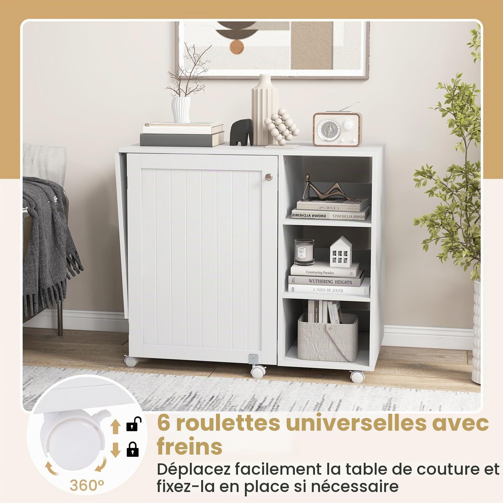 GIANTEX Table de Couture Pliante, Meuble Couture avec 18 Patères, 3 Conpartiments Ouverts, 3 Étagères pour Traveaux Manuels, 6 roulettes avec Freins, Meuble Machine à Coudre 146 x 50 x 78 CM