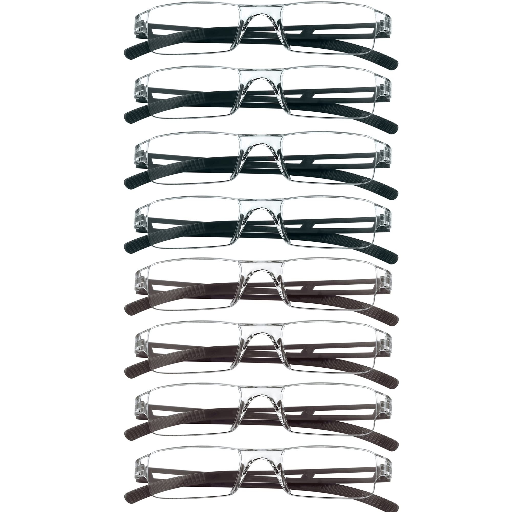 VisionGlobal 8 Pairs Reading Glasses, Blue Light Blocking Glasses, Computer Reading Glasses for Women and Men, Fashion Square Eyewear Frame (4black+