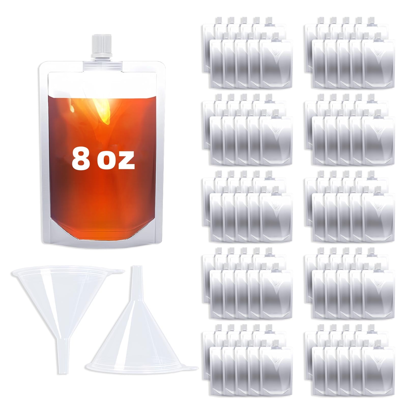 100PCS 8OZ Plastic Flasks,Reusable Drink Pouches with Funnel,Spouted Drinking Bags for Liquid Beverage Juice,Leak-Proof Food Grade for Travel Outdoor Sports Concert Cruise Events