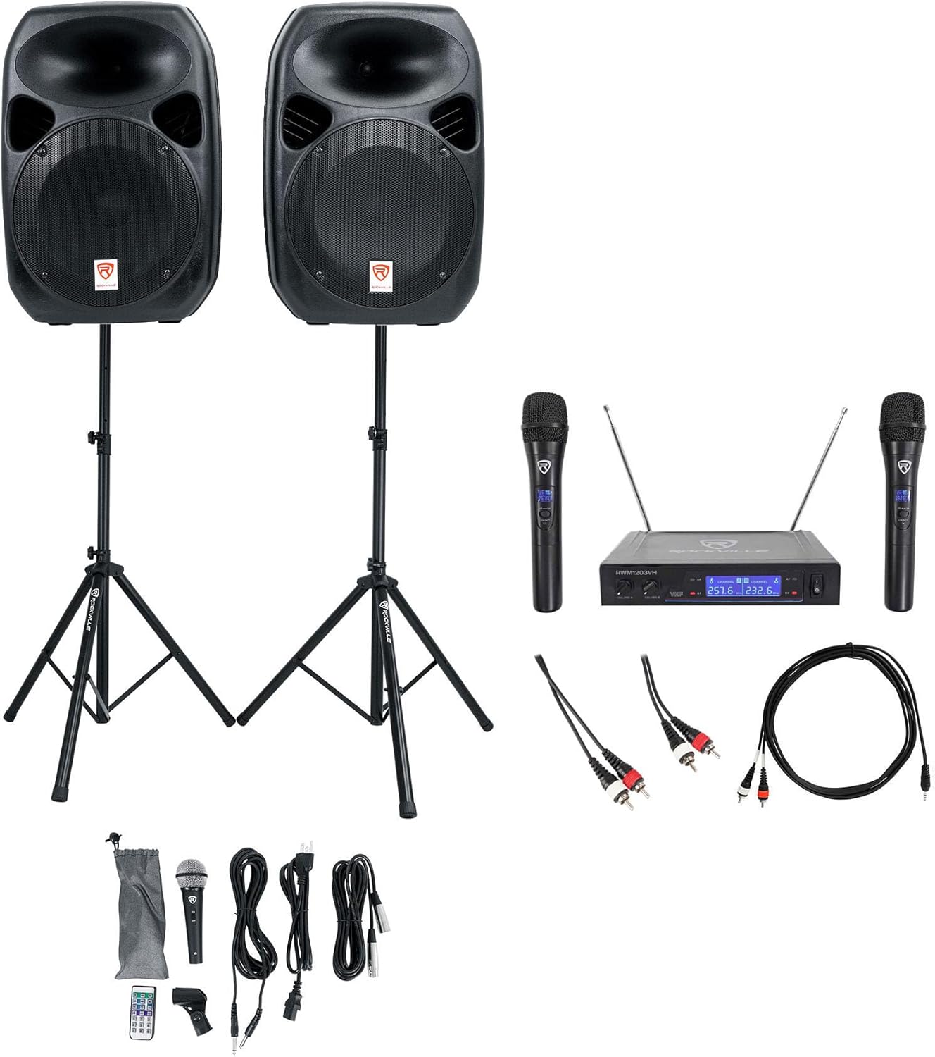 Rockville RPG122K Karaoke System Bundle - Dual 12" Powered PA Speakers 1000W, Wireless Microphone System, Bluetooth Connectivity, Speaker Stands & Cables Included (4 Items)