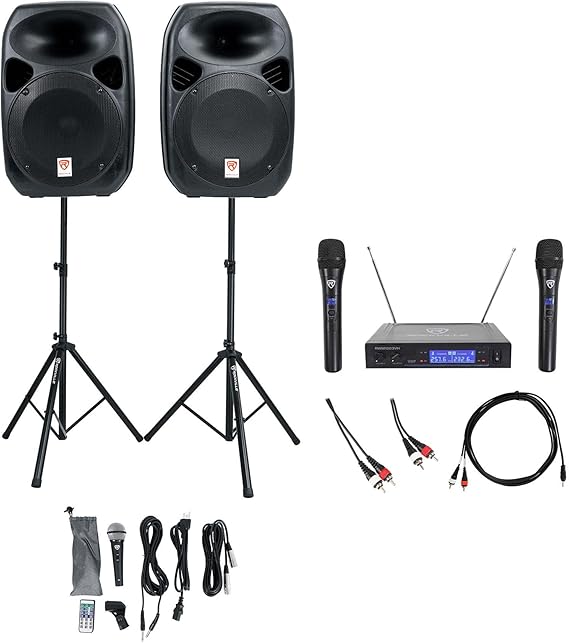 Rockville Power GIG RPG-122K All In One DJ/PA Package (2) 12" DJ/PA Speakers 1000 Watts Peak Power/250 Watts RMS with Built in Bluetooth, USB/SD Player, FM Tuner, Speaker Stands and a Wired Microphone