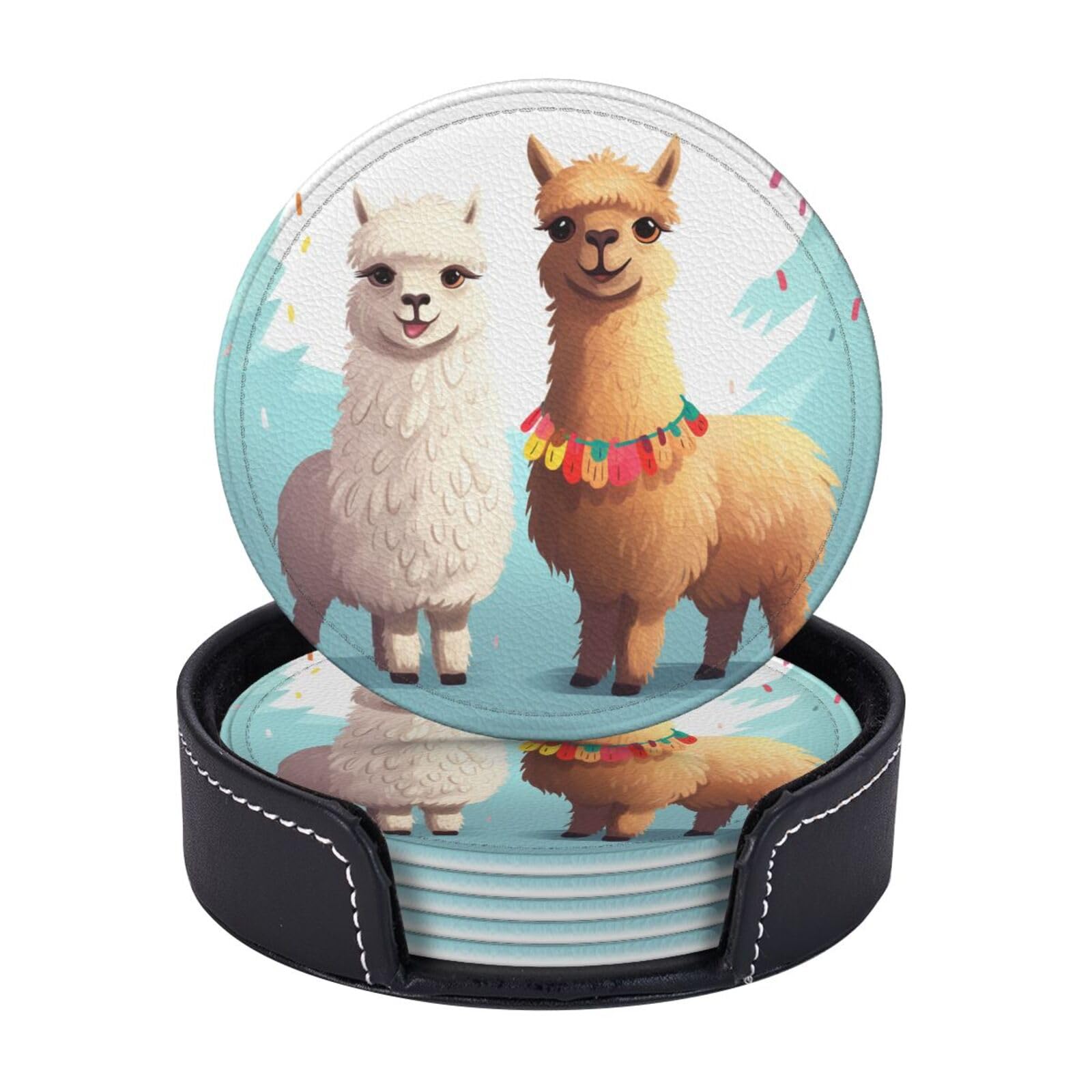 Round Coasters for Drinks Set of 6 - PU Leather Coasters with Holder - Modern Drink Coasters for Coffee Table - Llama Alpaca Coaster for Tabletop Protection 4" Cup Mat Pad