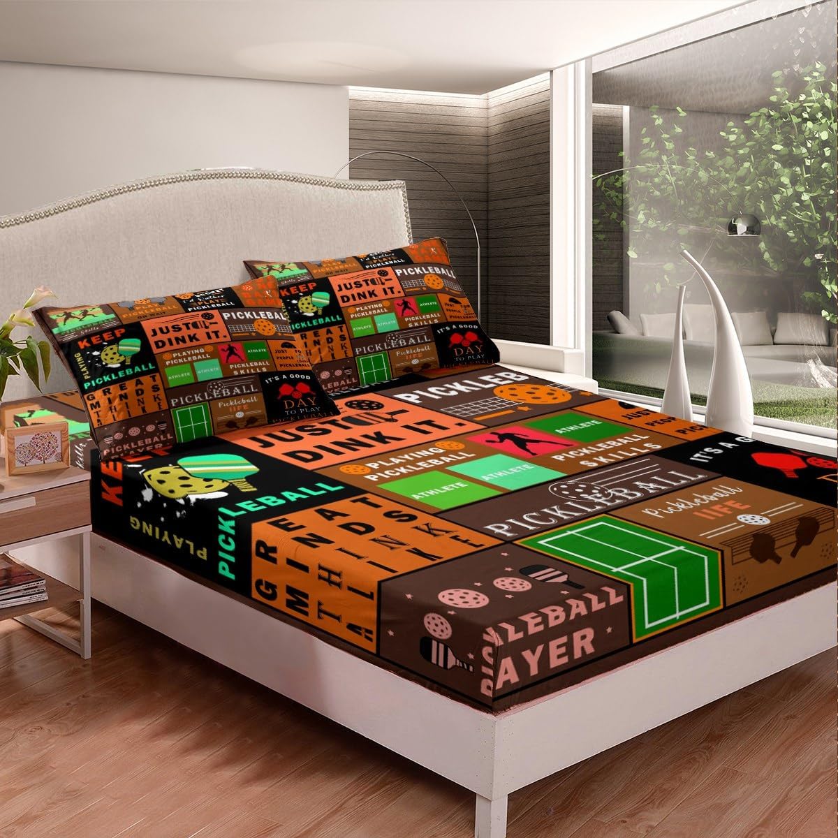 Erosebridal Orange Pickleball Bed Sheets Queen Size,Rustic Patchwork Fitted Sheet for Kids Adults,Extreme Sports Ball Game Bedding Set for Boys Girls Teens,Pickleball Life Bed Set with Deep Pocket