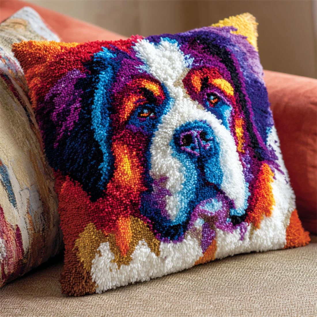 Kitquiver Animal Latch Hook Cushion Kits Colored Saint Bernard DIY Latch Hook Kits Pillow Needlepoint Cushion Kit for Home Décor Needlework Set for Adult Beginners 17x17In