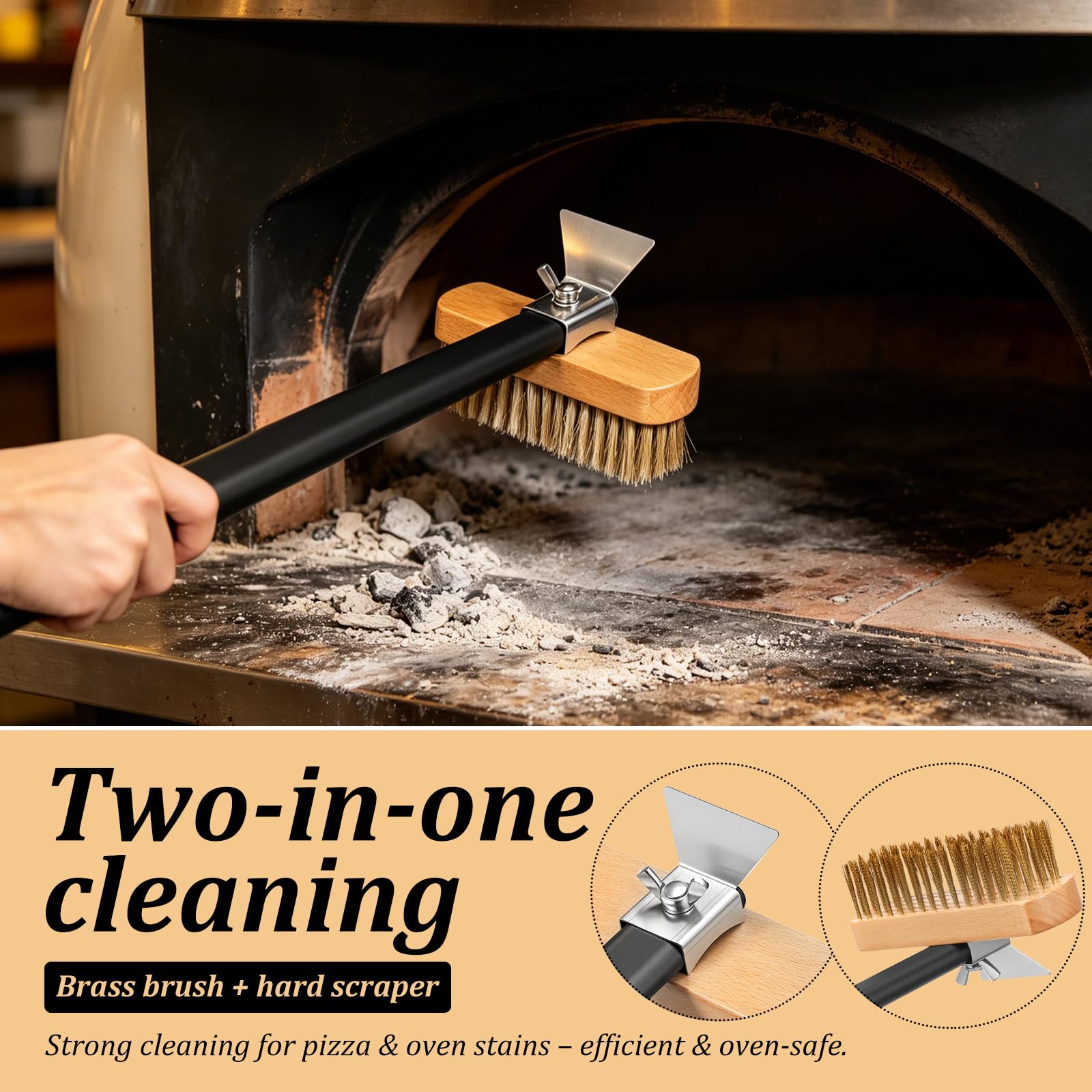 Spazzola per forno per pizza, con raschietto, spazzola per barbecue con setole in rame e manico in alluminio, resistente al calore, per griglia e forno, spazzola per la pulizia del giardino (nero-1