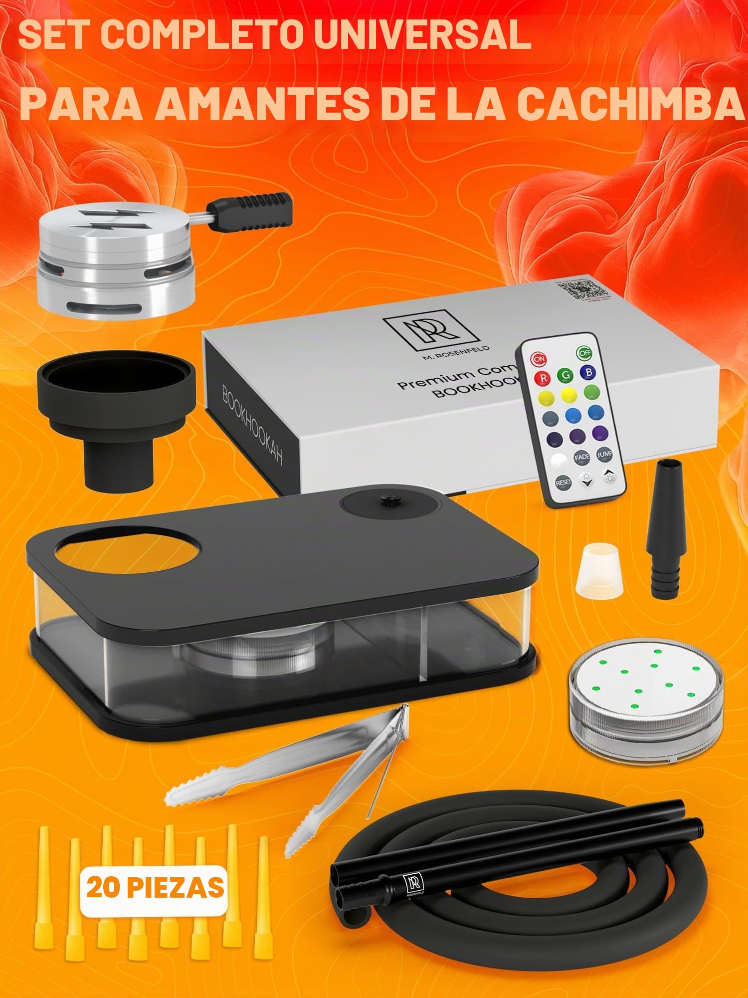 M. ROSENFELD Juego completo de cachimba, con bolsa y accesorios, juego de cabeza de shisha con caja de humo HMD, mangueras, boquilla y pinzas, cachimba portátil