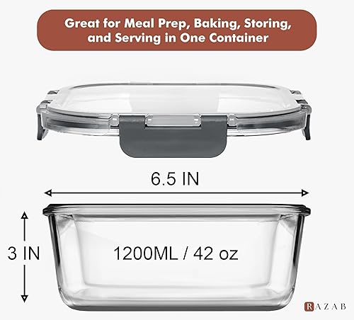 Miniatura 2 de Razab 2 recipientes de vidrio de almacenamiento de alimentos de 41 onzas con tapas, herméticos y a prueba de fugas, aptos para microondas,