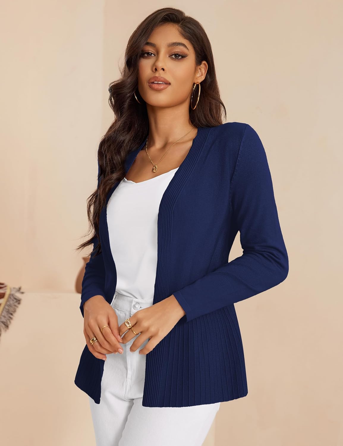 Women's Casual Open Front Sweater Long Sleeve Rib Knit Draped Cardigan - Image 3